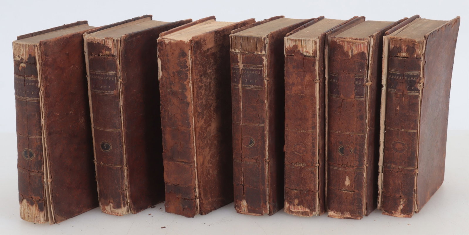 7 Volumes William Shakespeare 18th C: William SHAKESPEARE. The Plays and Poems. Philadelphia: printed and sold by Bioren & Madan, 1795 1796-[no date]. 7 volumes only (of 8, lacking volume IV). Stipple-engraved portrait frontispiece to the