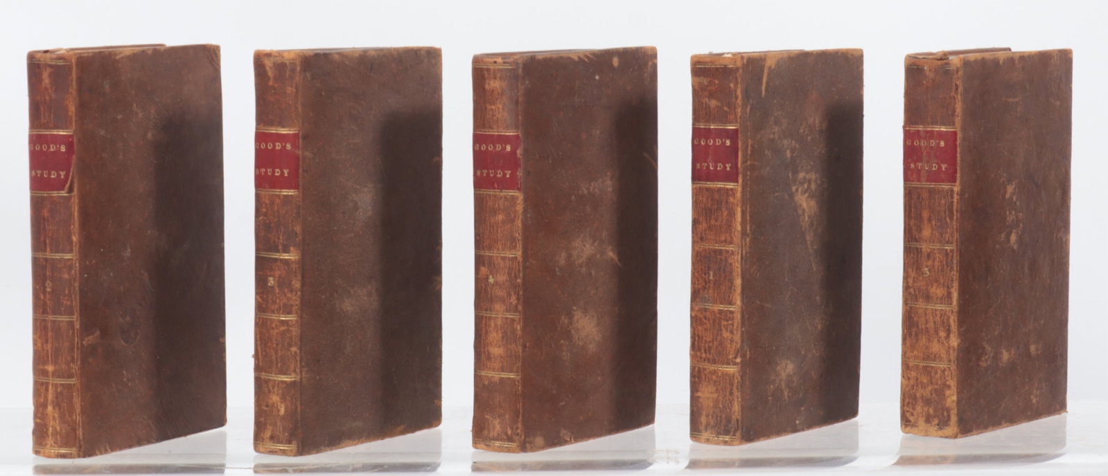 Good's Study by John Mason Good: Good's Study by John Mason Good. Leather bound in five volumes, Fifth American Edition. Published by Collins and Hannay, printed by J & J Harper, New York 1827. Dimensions: Largest; 9" H x 5.50 W Prop