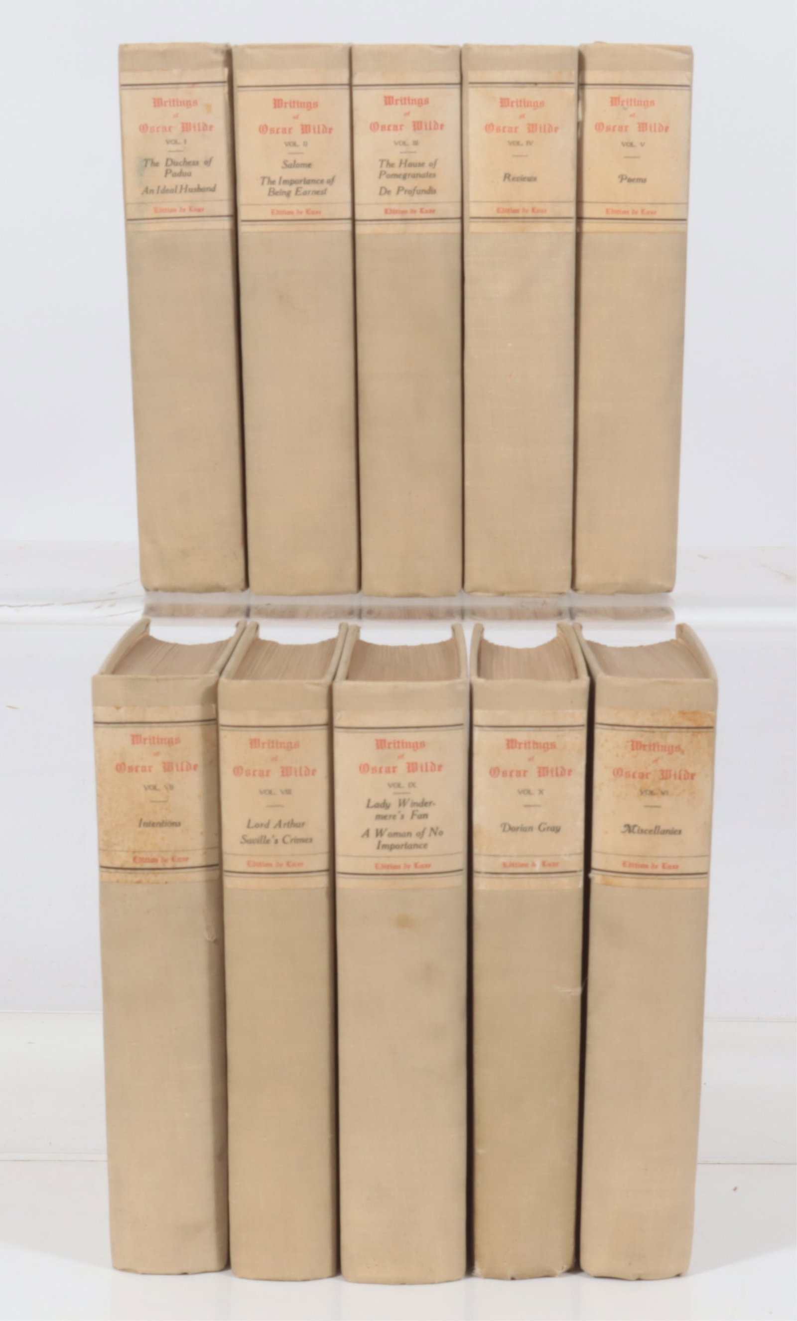 The Writings of Oscar Wilde, 10 Vols.: The Writings of Oscar Wilde, Edition De Luxe. Published by The Nottingham Society, 1907-1909. Number 515 from an edition of 1000 sets. 10 volumes, bound in off-white cloth, top edge gilt, other edges 