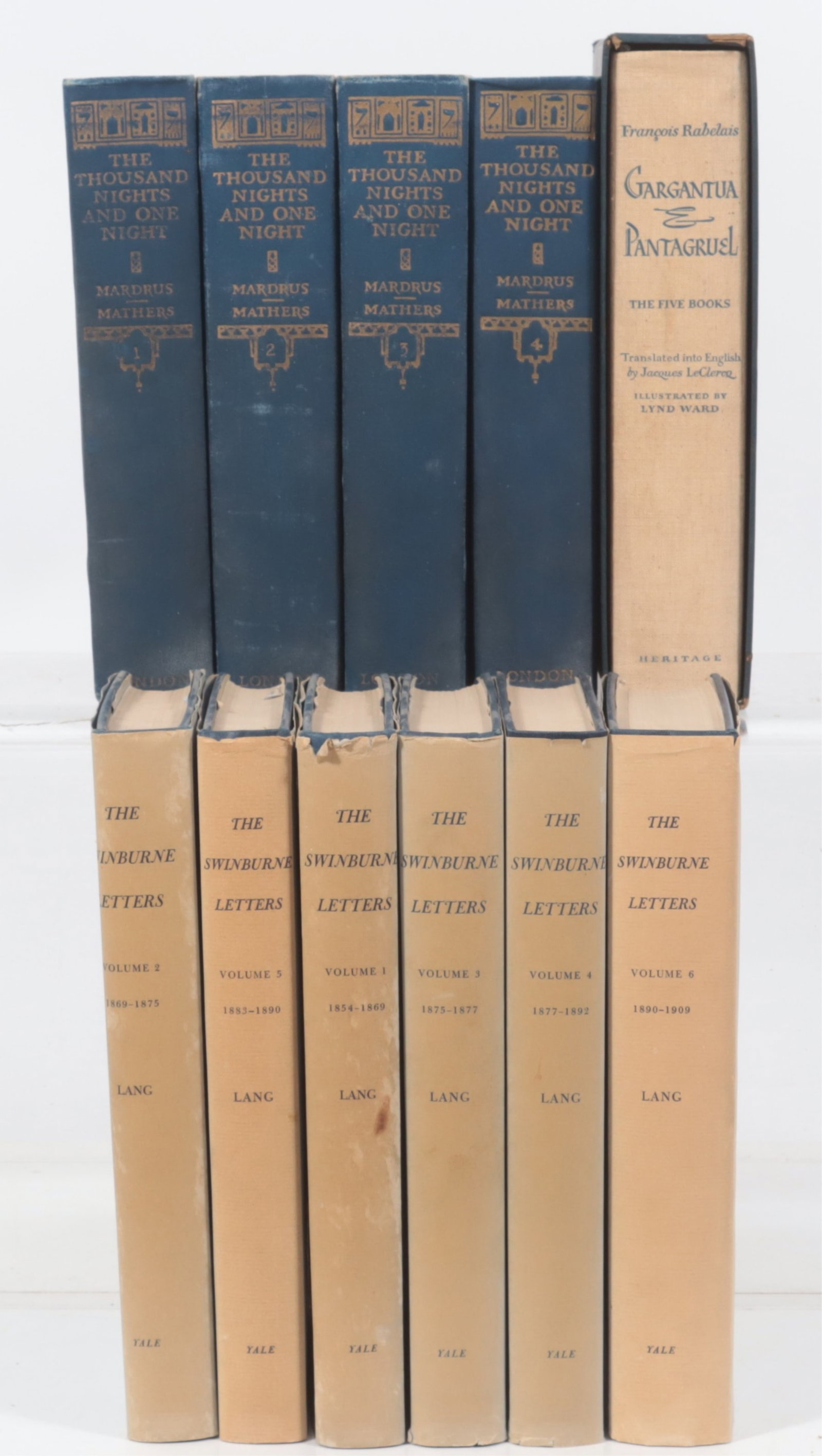 Swinburne, Thousand Nights, & Rabelais Books: Group of 11 volumes comprising 2 sets and a single book. Includes: The Swinburne Letters, edited by Cecil Y. Lang, 6 vols. (Yale University Press, 1959-1962); The Book of a Thousand Nights, 4 vols. (P