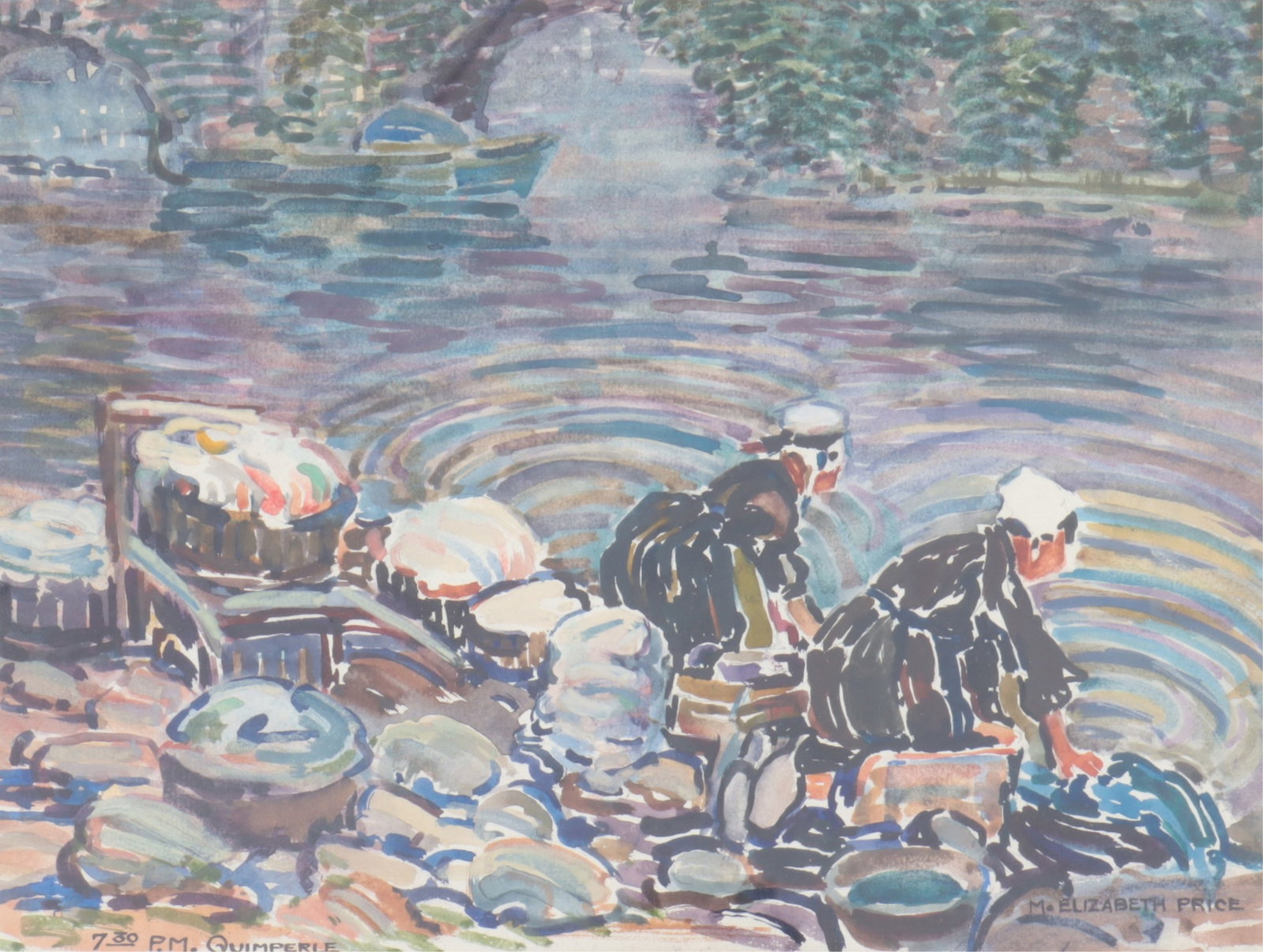 Mary Elizabeth Price - "7:30 P.M. Quimperle" W/C: Mary Elizabeth Price (American, 1877-1965), "7:30 P.M. Quimperle", watercolor and gouache on paper of two Breton women. Titled lower margin, signed lower right.