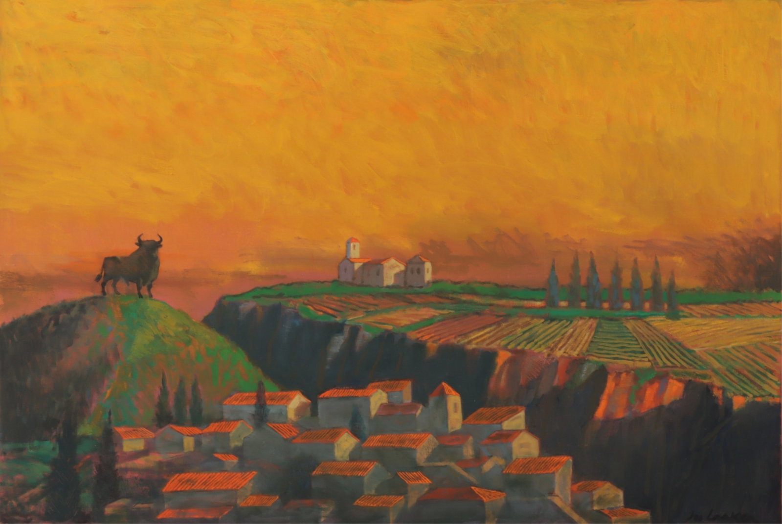 Joe Lasker - "Toro" O/C: Joe Lasker (American, 1919-2015) "Toro" continental landscape, oil on canvas, signed lower right, titled verso.