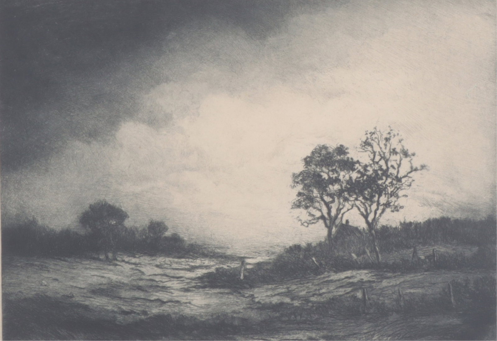 Gustave Adolph Hoffman - White Cloud, Etching: Gustave Adolph Hoffman (German/American, 1869-1945) White Cloud, etching. Signed in the plate and in pencil lower right. Verso retains an older cataloging label and handwritten exhibition/gallery note