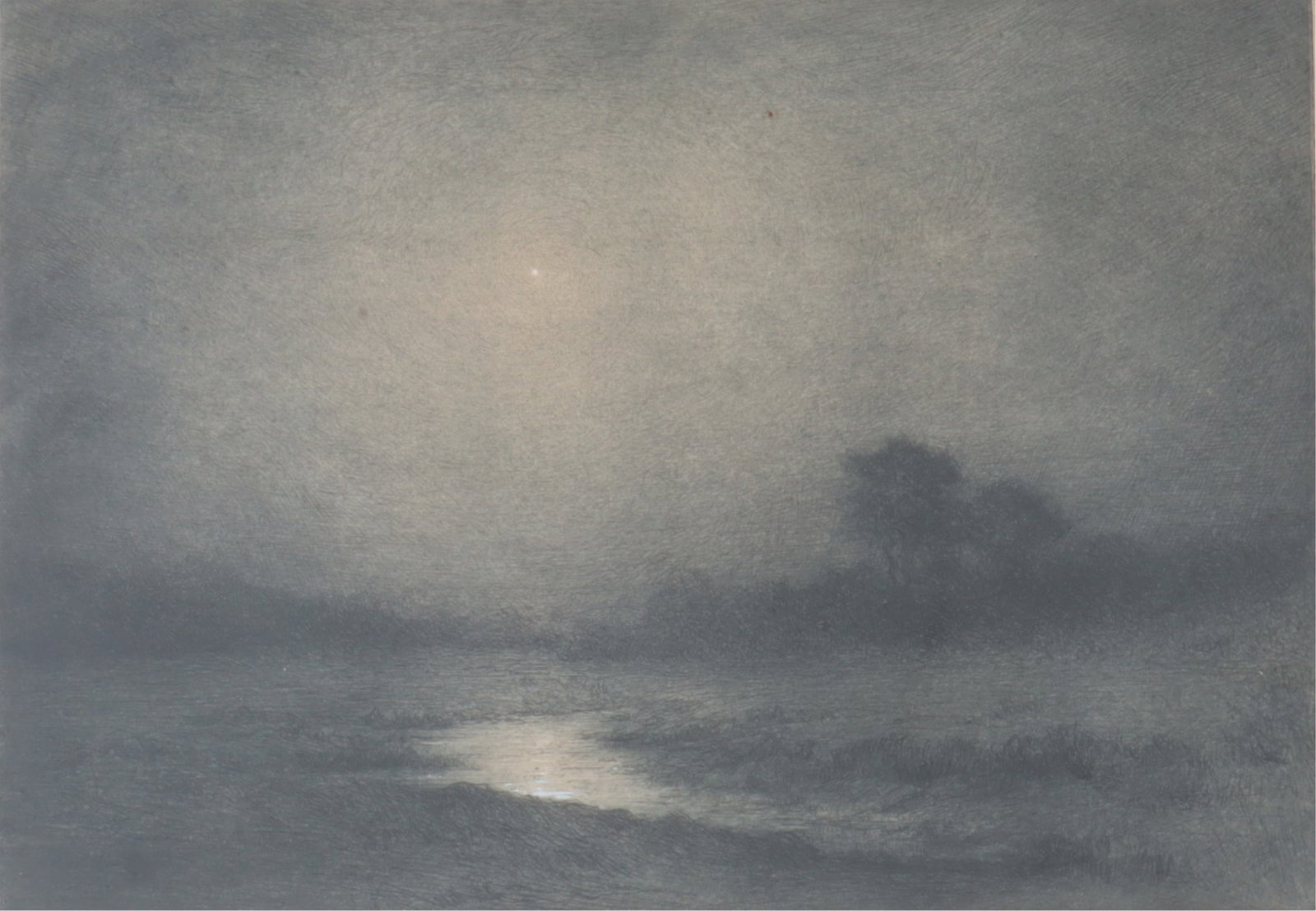 Gustave Adolph Hoffman - Misty Moon, Etching: Gustave Adolph Hoffman (German/American, 1869-1945) Misty Moon, Etching and Gouache. Nocturnal landscape scene overlooking water. Signed in pencil lower margin. Verso retains original handwritten trac