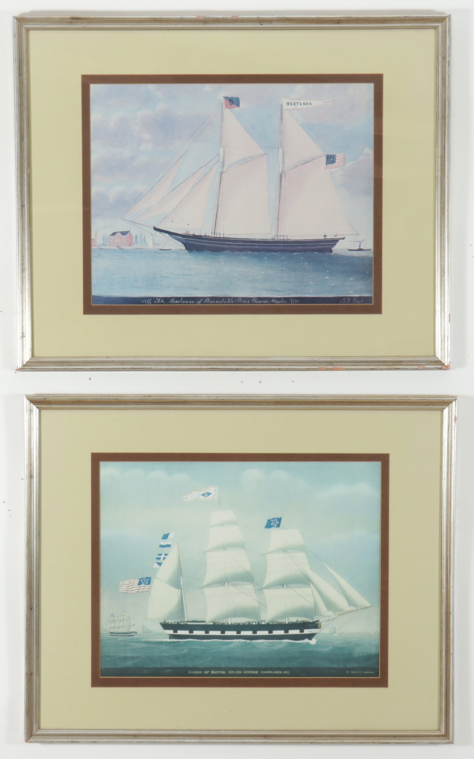 Two Framed Nautical Ship Prints, 20th C: Two framed nautical ship lithographic prints, 20th C. Including: The Schooner Montanna by J H Kane and Saxony of Boston commanded by Nelson Scudder 1842.