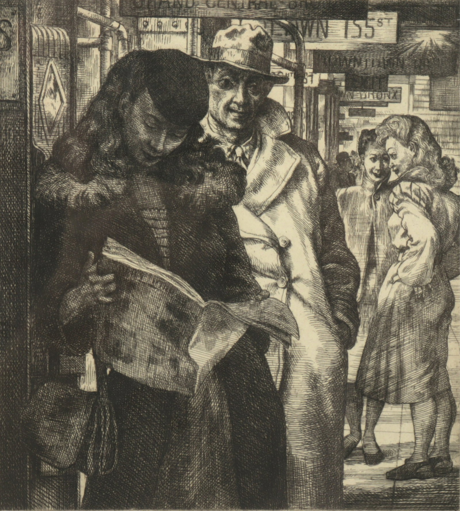 Douglas Warner Gorsline - Express Shop, Etching: Douglas Warner Gorsline (American, 1913-1985) Express Stop, etching, 1948. Depicts commuters inside a subterranean New York subway car. Titled and signed in pencil along the lower margin. Verso retain