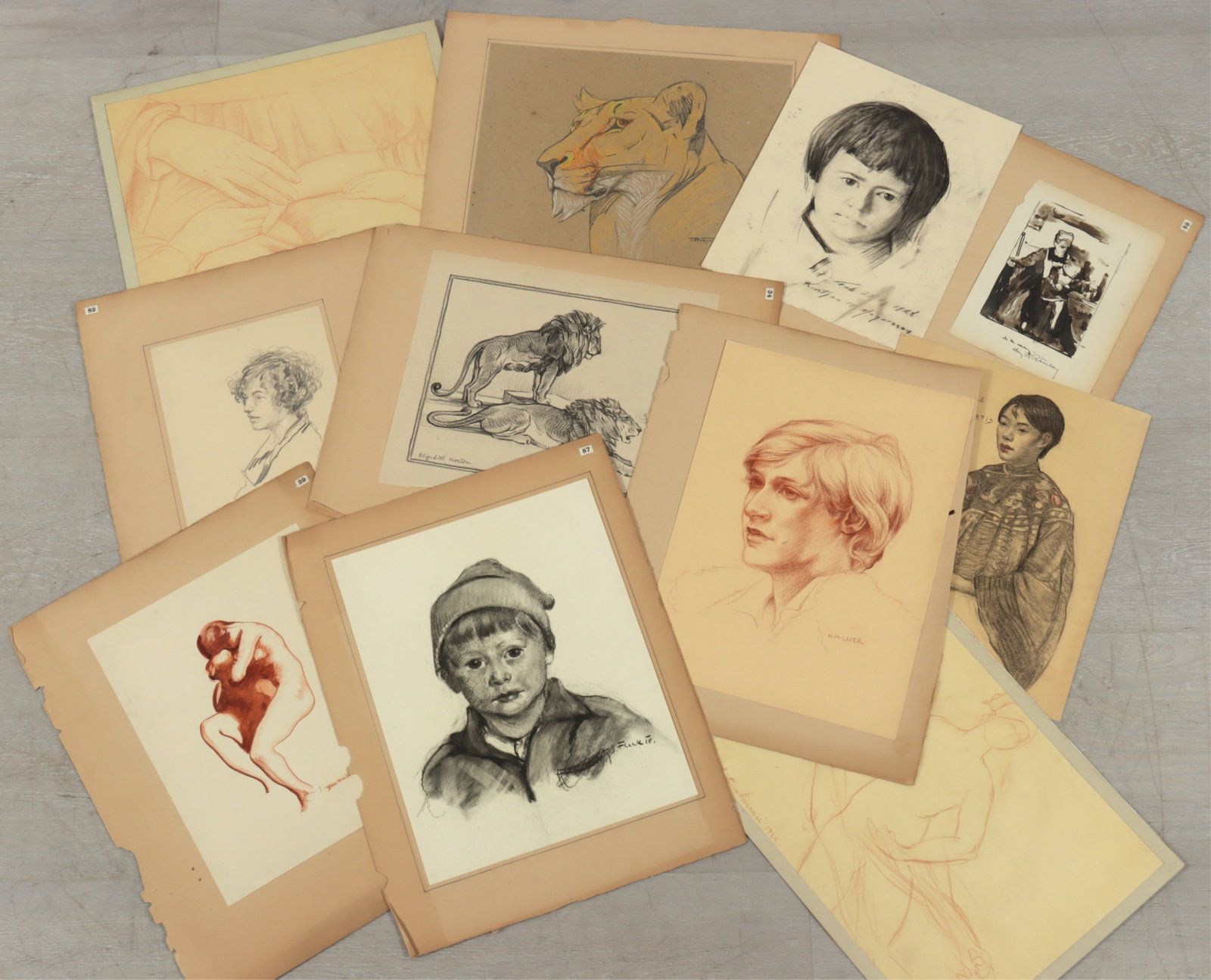 Portfolio of Original Sketches, 20th C: Large studio archive file containing eleven (11) original loose works on paper, including Henry R. Rittenberg, Constance Curtis, Elizabeth Norton etc. labeled "Drawings from 'The Book' / See Ellie."