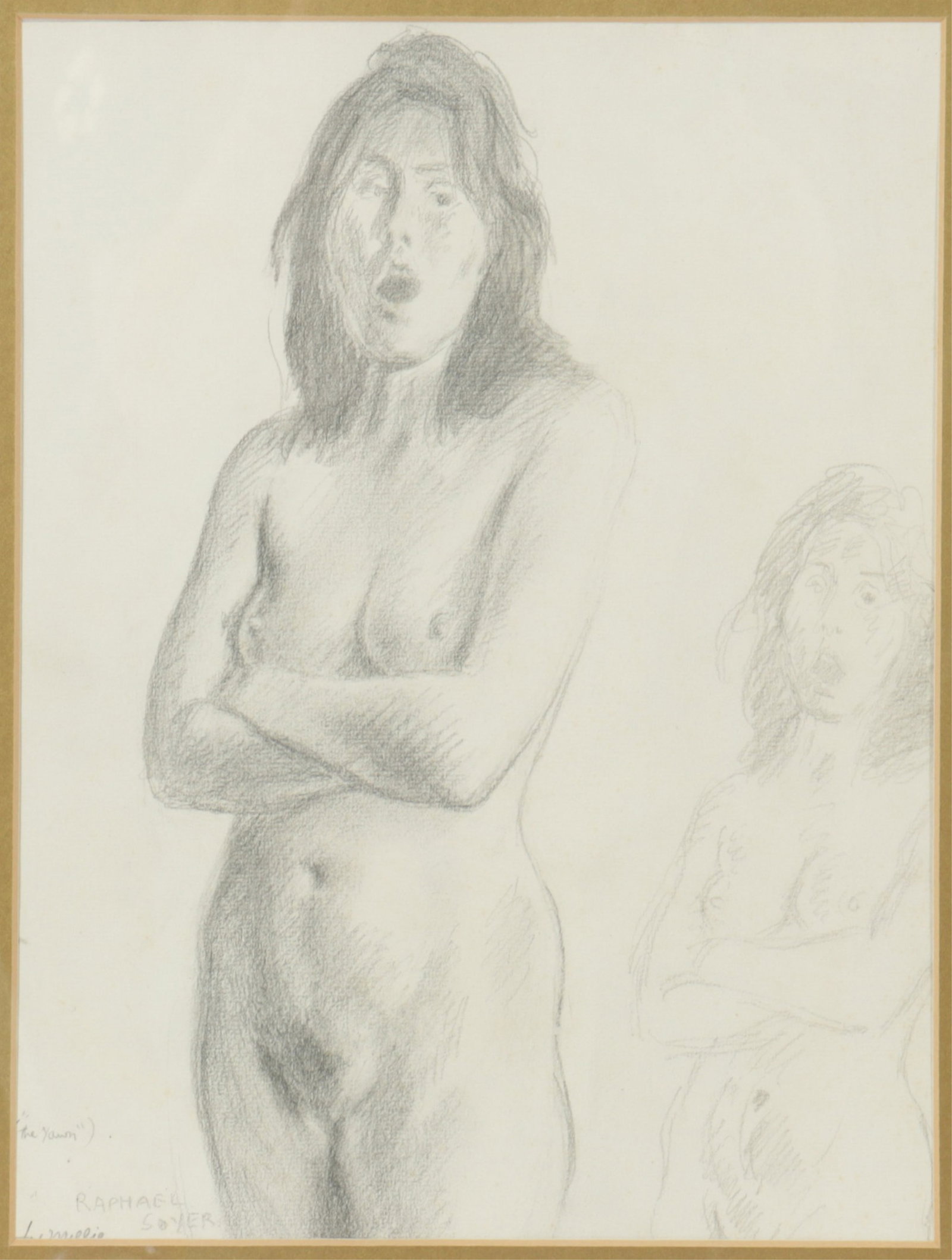 Raphael Soyer - "The Yawn" Graphite Study: Raphael Soyer (American, 1899-1987) The Yawn (Nude), graphite on paper study, titled signed and inscribed to artist Joe Lasker (American, 1919-2015) lower left.