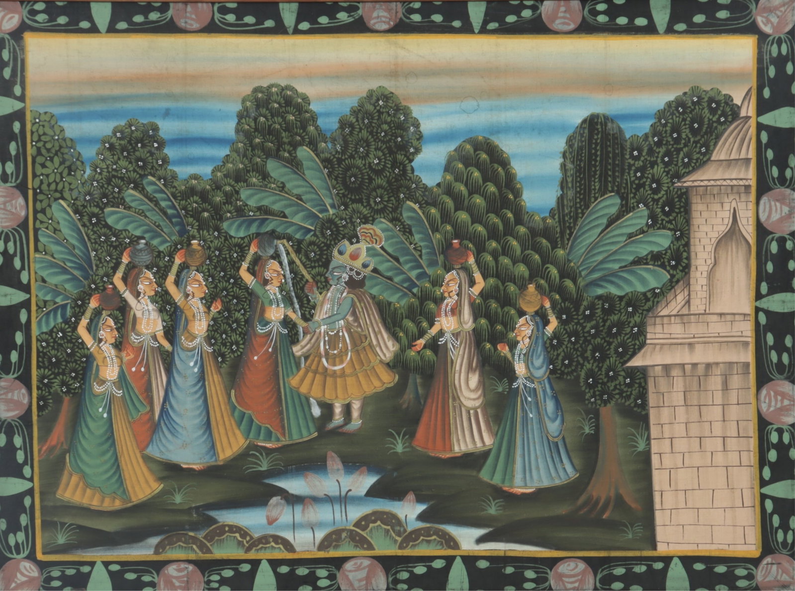 Indian Pichwai-Style Painting on Cloth: Indian Pichwai-Style Painting on Cloth, depicting Krishna with the Gopis (village ladies)