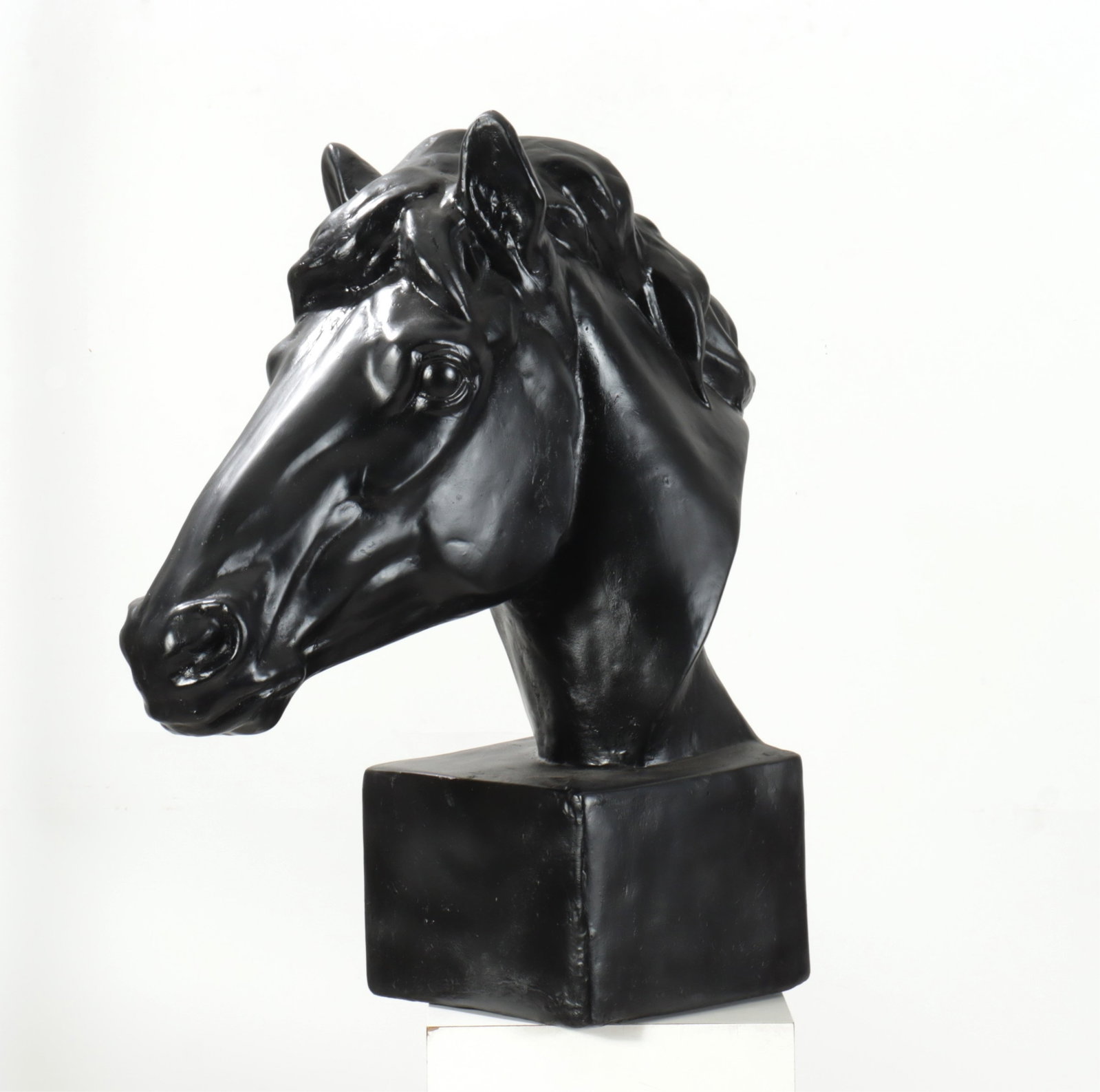 Composition Horse Bust: A contemporary matte black composition horse head on square base.