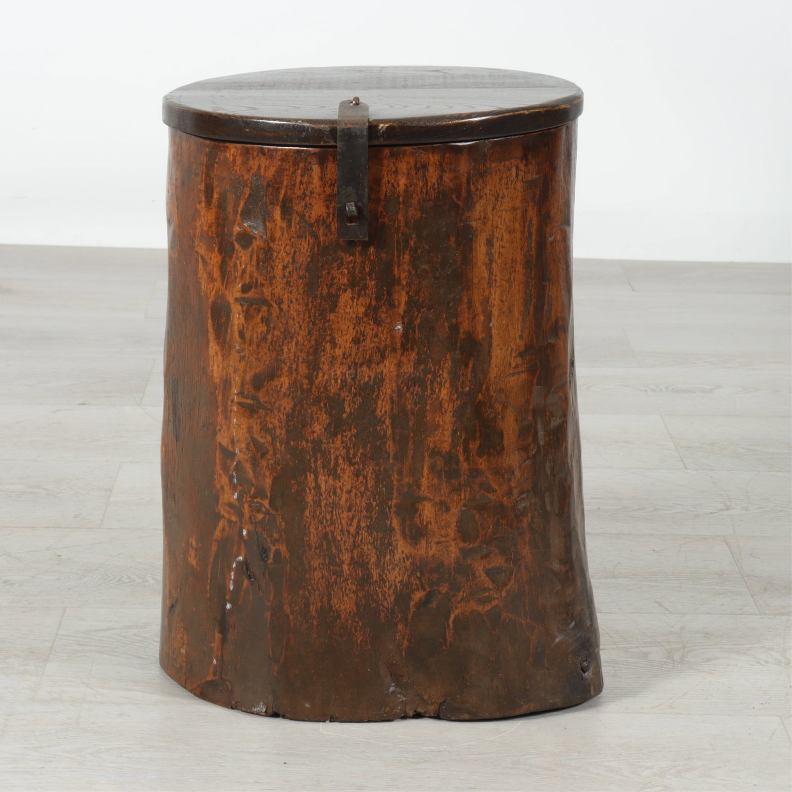Antique Oak Tree Trunk Canister, 19th C: An antique oak tree trunk hollowed to be used as a canister with latching removable lid.