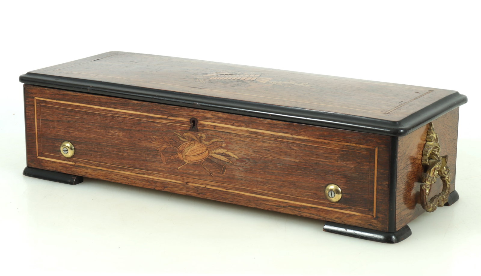 Mermod Freres Cylinder Music Box, 19th C: Mermod Freres inlaid rosewood cylinder music box, serial number 10378, late 19th century.