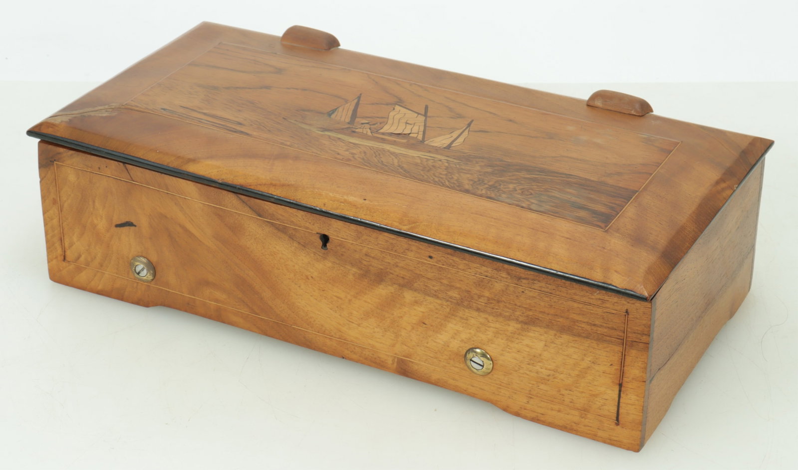 Swiss Inlaid Walnut Cylinder Music Box: Swiss Inlaid Walnut Cylinder Music Box, impressed 1873