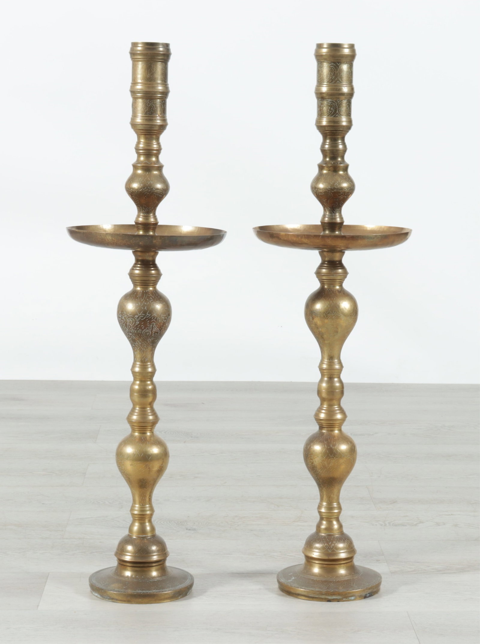 Pair of Large Brass Candlesticks: A pair of large vintage etched brass candlesticks