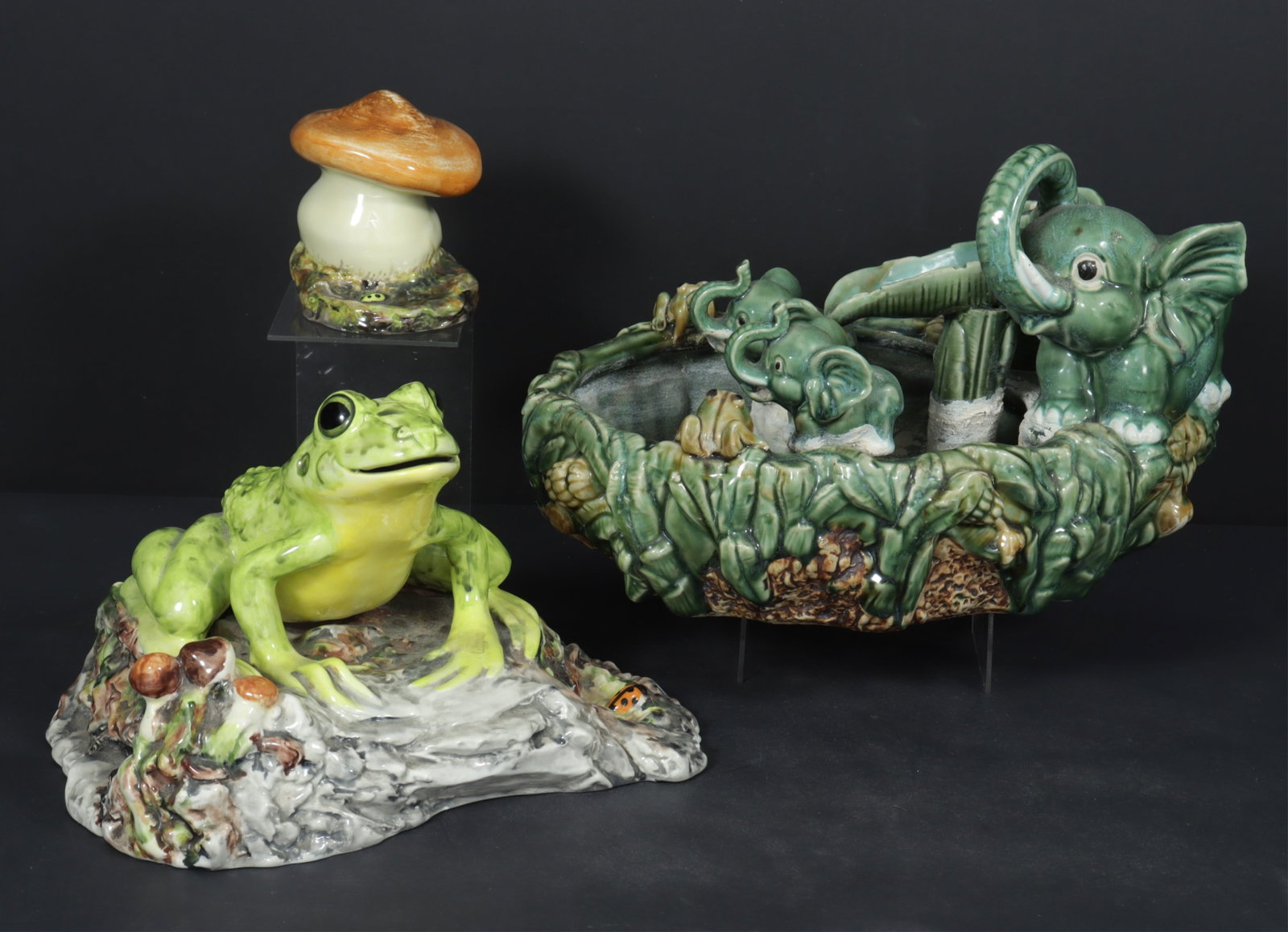 Group of Vintage Townsend Pottery: Group of vintage Townsend hand-painted ceramics including a frog, a mushroom, and an elephant fountain. Frog and mushroom signed Townsends, elephant fountain unsigned.