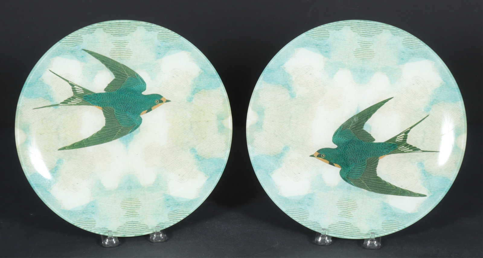 Pair of John Derian Decoupage Swallow Plates: A pair of John Derian decoupage plates with swallow motif. Signed and labeled verso, with wall hangers.