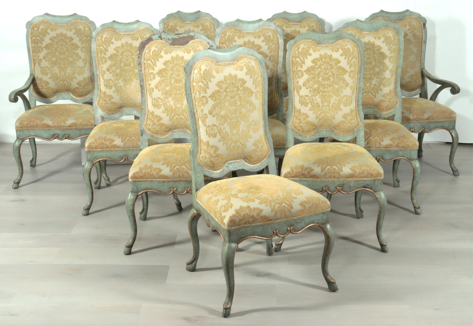 10 Minton-Spidell Green Painted Dining Chairs: Set of 10 Minton-Spidell Green Painted Dining Chairs, Italian Rococo Style, including pair armchairs and eight side chairs, upholstered in a gold foliate cut velour.