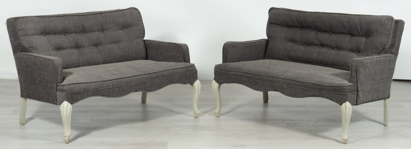Pair Rococo Style Grey Painted Loveseats: Pair Rococo Style Grey Painted Loveseats, in charcoal woven fabric upholstery