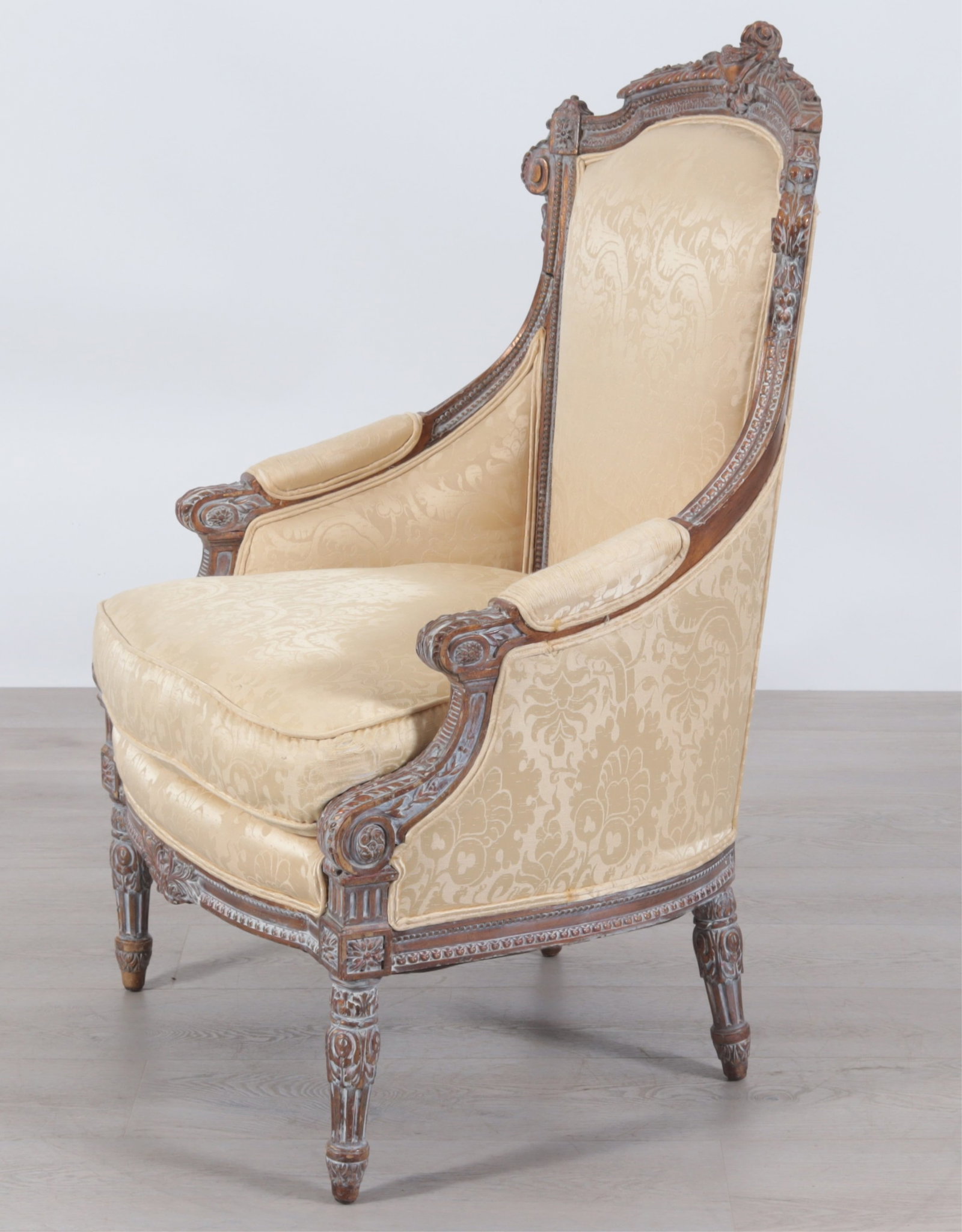 Louis XVI Style Bleached Gold Wash Bergere: Louis XVI Style Bleached Gold Wash Bergere, in cream foliate damask upholstery