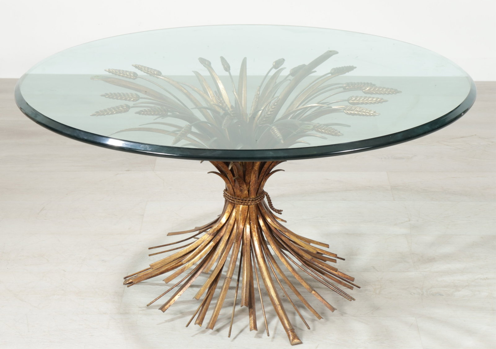 Sheaf of Wheat Metal and Glass Cocktail Table: Sheaf of Wheat gold finished metal and beveled edge round glass cocktail table