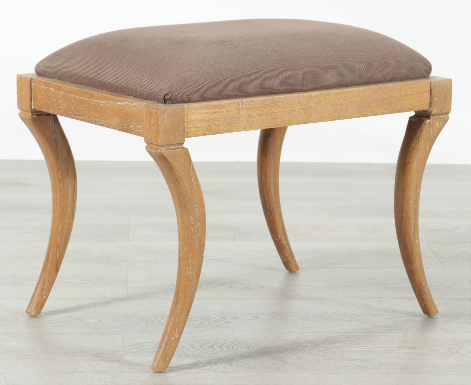 Oly Studios Classical Style Bench: Oly Studios Bleached Beech Bench, classical style, upholstered in brown woven fabric.