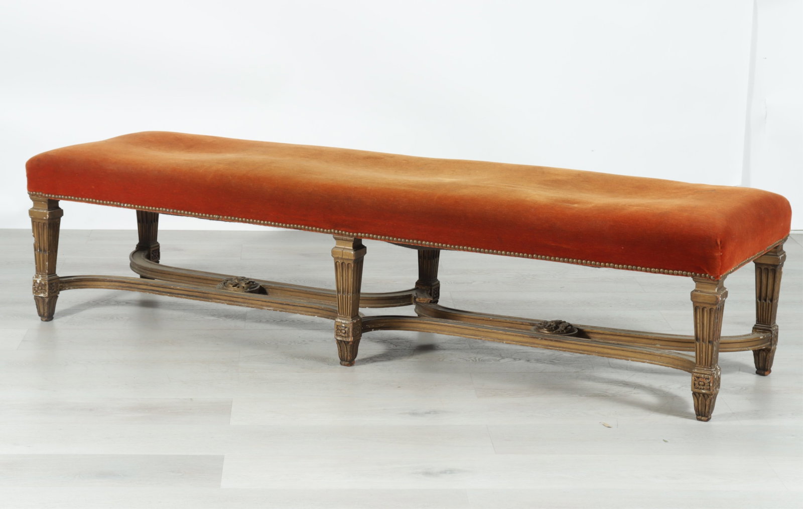Louis XV Style Giltwood Banquette: Louis XV Style Giltwood Banquette, Early 20th C., upholstered in orange velour