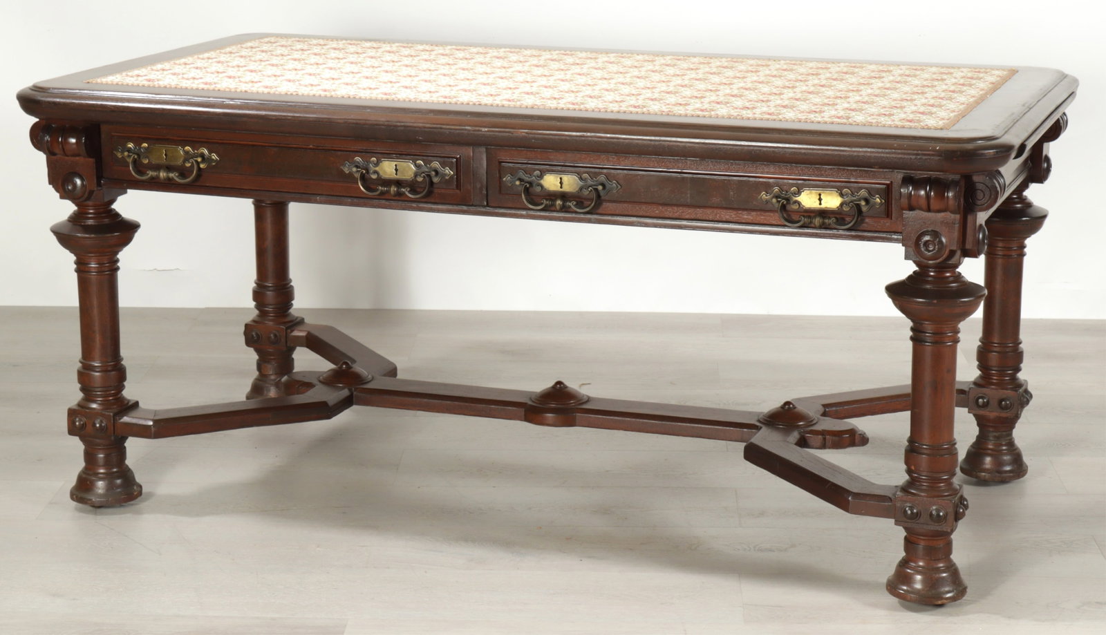 American Baroque Revival Walnut Desk, 19th C: American Baroque Revival Walnut Desk, 19th C, inset with a glass-topped foliate brocade writing surface.