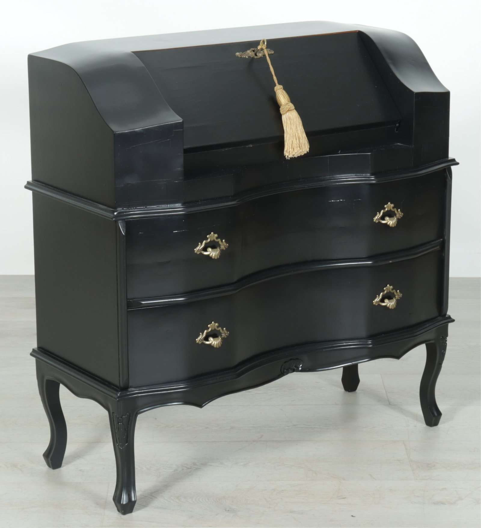 Louis XV Style Painted Secretaire a abattant: Louis XV style black painted Secretaire a abattant, bombe fronts, cabriole legs