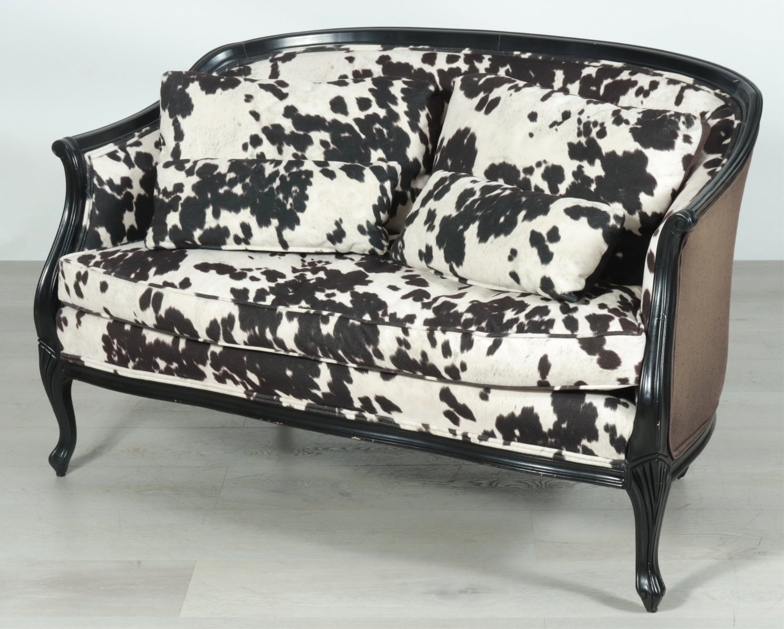 French Provincial Style Canape: French provincial style Canape upholstered in felt like cowhide print fabric, back and sides in solid linen