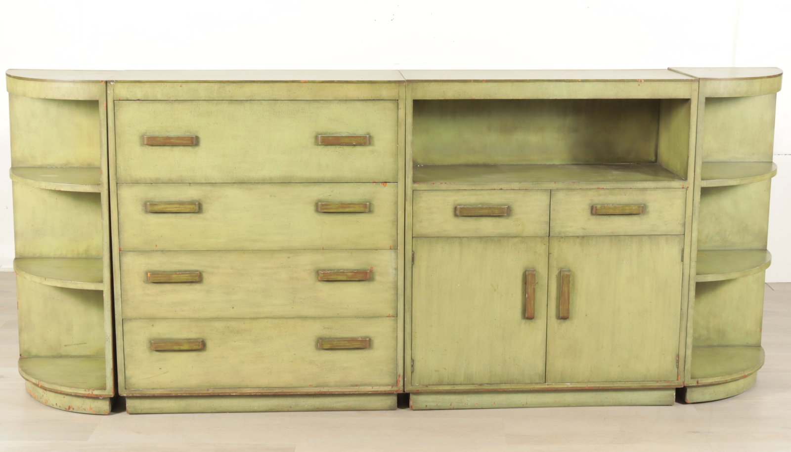 Mid-Century Modern Green Cabinet: Mid-Century Modern green painted four part cabinet comprising: four-drawer chest, drop front desk over three drawers, and two rounded corner shelves. Can be arranged in a variety of ways.