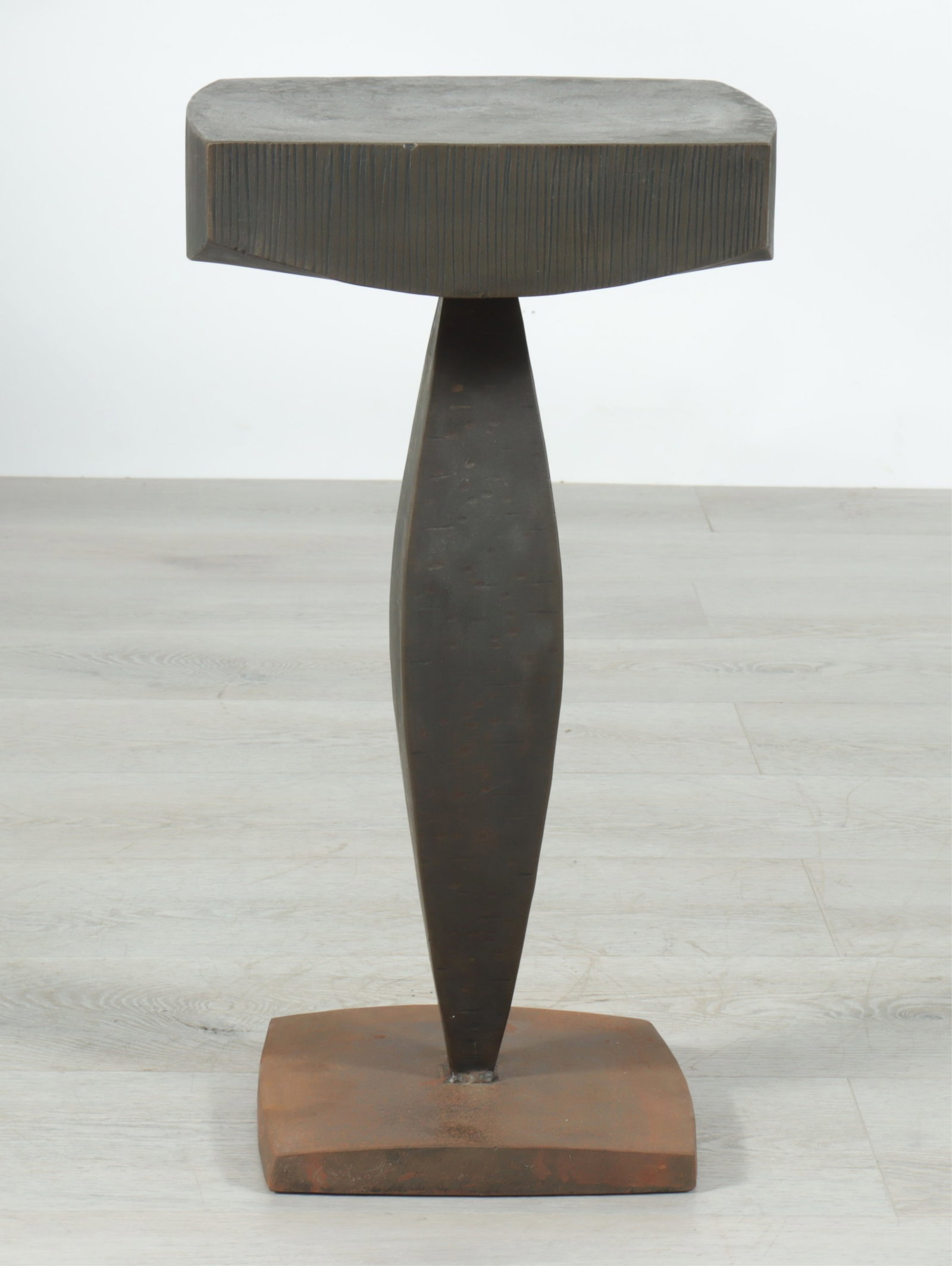 Gary S Magakis Iron Side Table: Gary S Magakis bronze patinated iron side table, etched textured surface, base signed and dated 2004