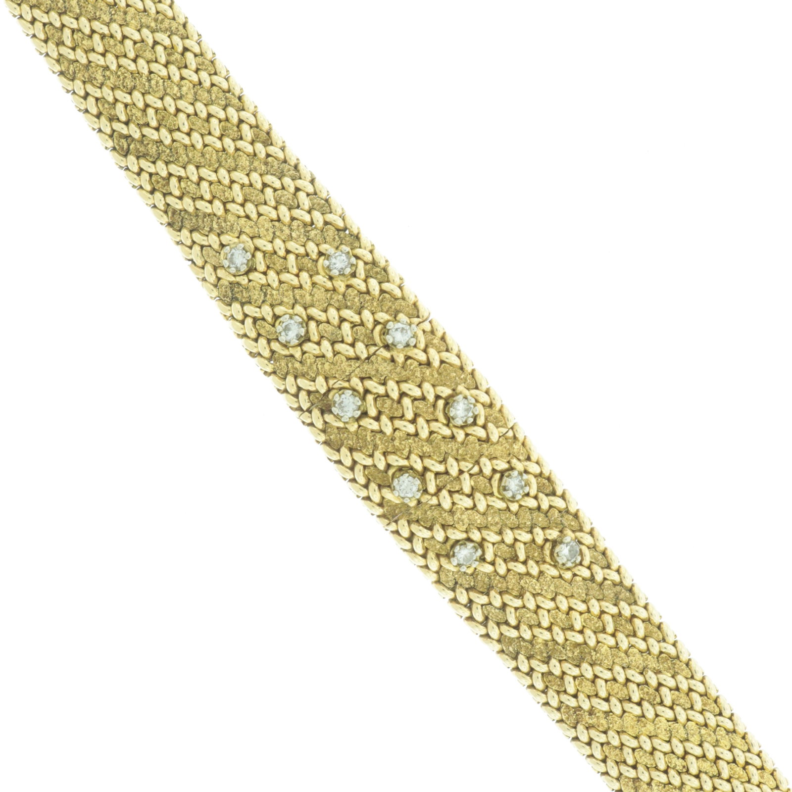 Lady's 14K Yellow Gold and Diamond Peekaboo Watch: A vintage lady's 14 karat yellow gold and diamond peekaboo bracelet watch. Textured and rounded woven link tapered bracelet containing 10 round melee diamonds. Spring-loaded cover enclosing white porc