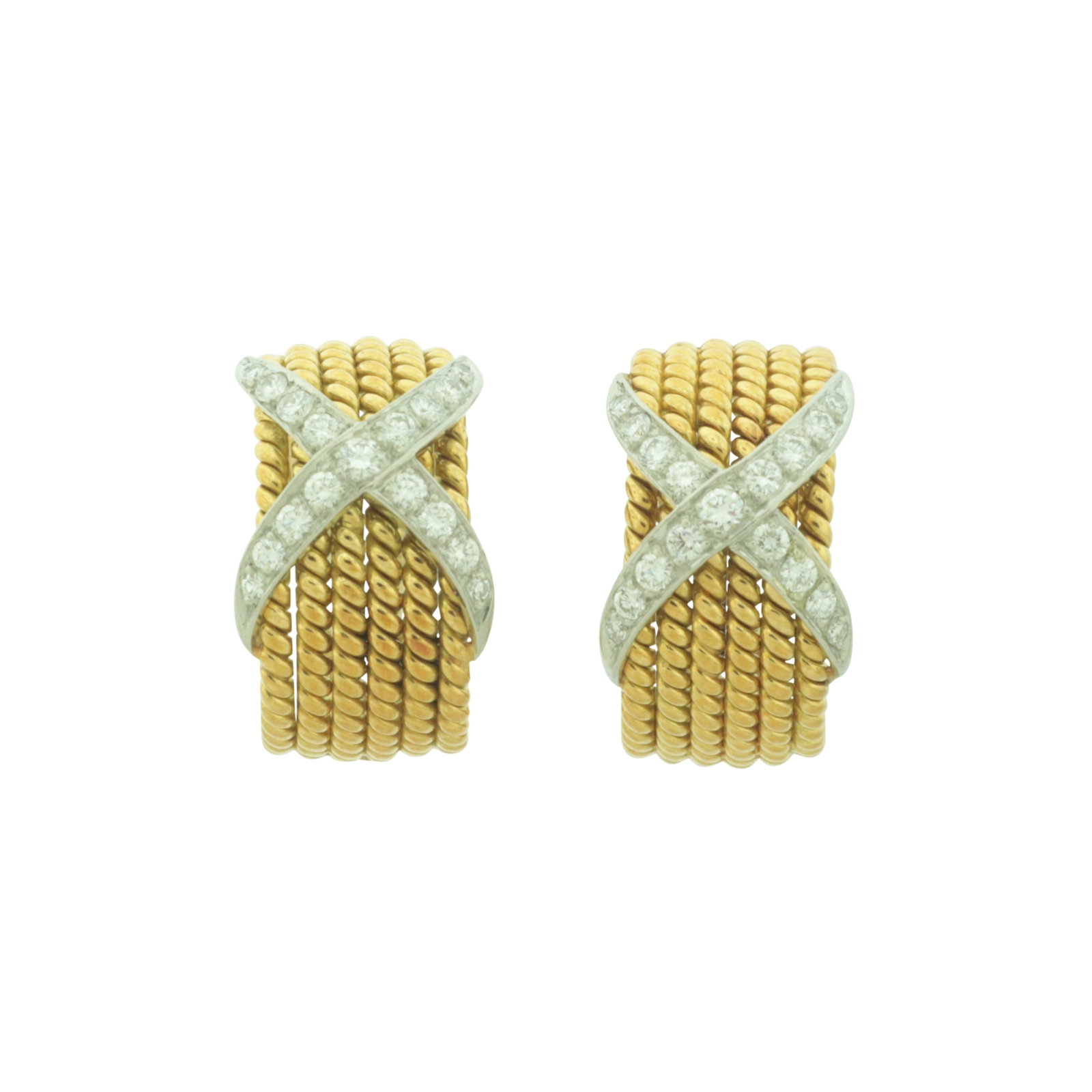 Schlumberger for Tiffany & Co 18K Rope X Earrings: Jean Schlumberger for Tiffany & Co, pair of 18 karat yellow gold six row rope twist clip-earrings with accenting white gold and diamond encrusted X. Stamped Tiffany / Schlumberger / 18K. Weighing 16.2