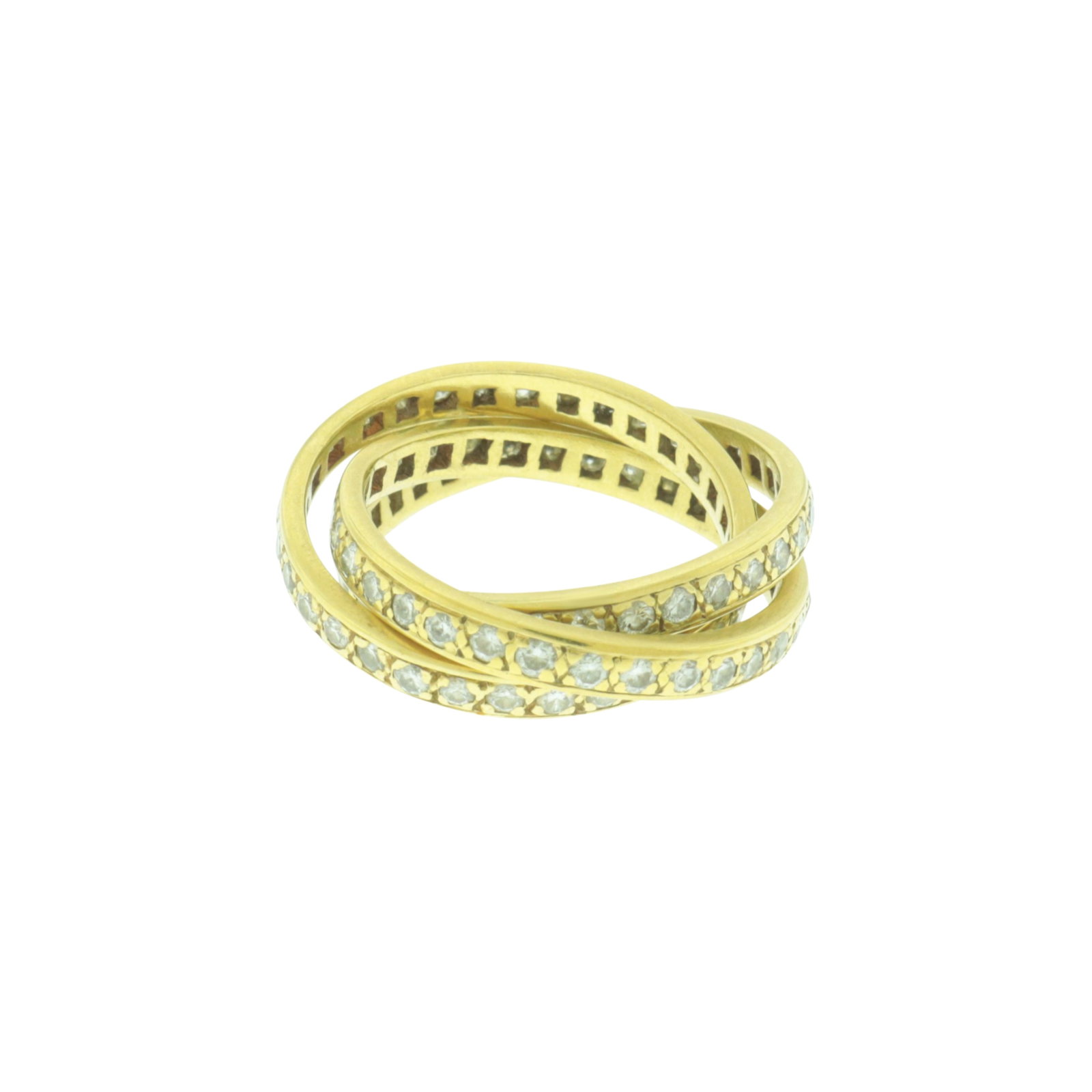 18K Gold and Diamond Eternity Triple Rolling Ring: Vintage 18 karat yellow gold and pave melee diamond triple-band eternity rolling ring. Gross weight of 8.6 grams. Unmarked for karat, acid tested. Size 8, bands 2.95 mm wide. Property from an Alpine, 