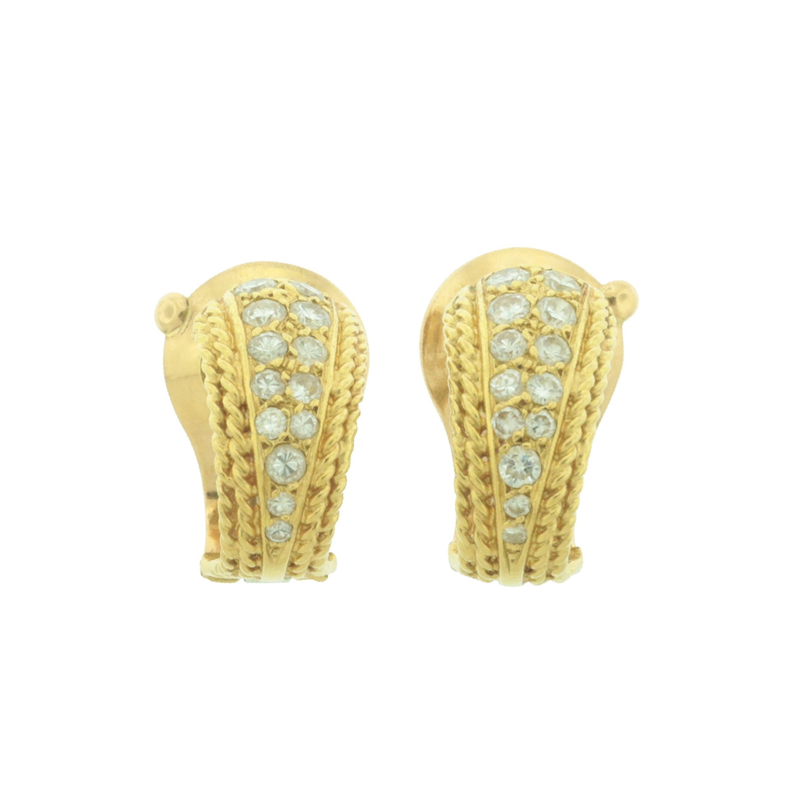Van Cleef and Arpels 18K and Diamond Earrings: A vintage pair of Van Cleef and Arpels 18 karat yellow gold rope twist and diamond clip-on earrings, containing 26 central melee diamonds, circa 1960s. Signed VCA 115662, French assay mark, 750, maker