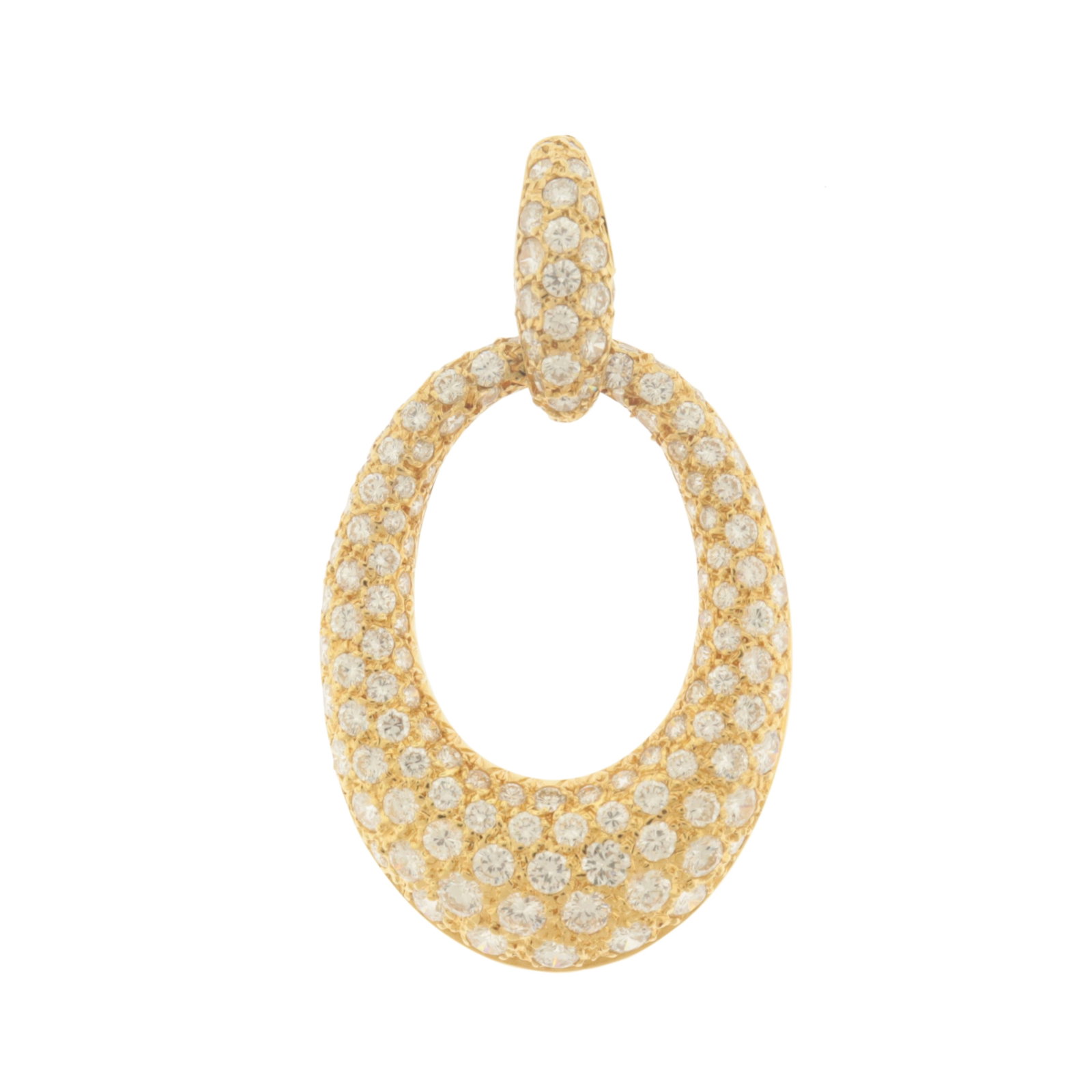 Van Cleef and Arpels 18K and Diamond Pendant: A vintage Van Cleef and Arpels 18 karat textured yellow gold and diamond adorned door-knocker pendant, circa 1960s. Containing approximately 115 round melee diamonds ranging from 1.4mm to 2.9mm. Doubl