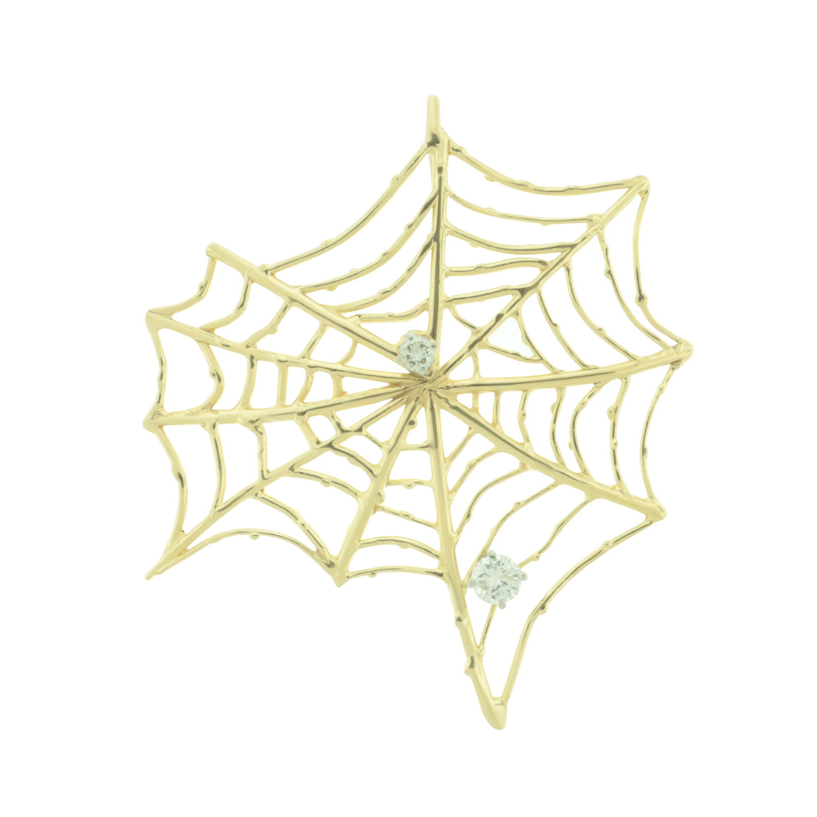 14K Gold and Diamond Spider Web Pendant: Vintage 14 karat yellow gold spider web form pendant with two round brilliant cut diamonds weighing approximately 0.75 ct and 0.25 ct. Stampded 14k on back, acid tested. Gross weight of 16.7 grams. 3"