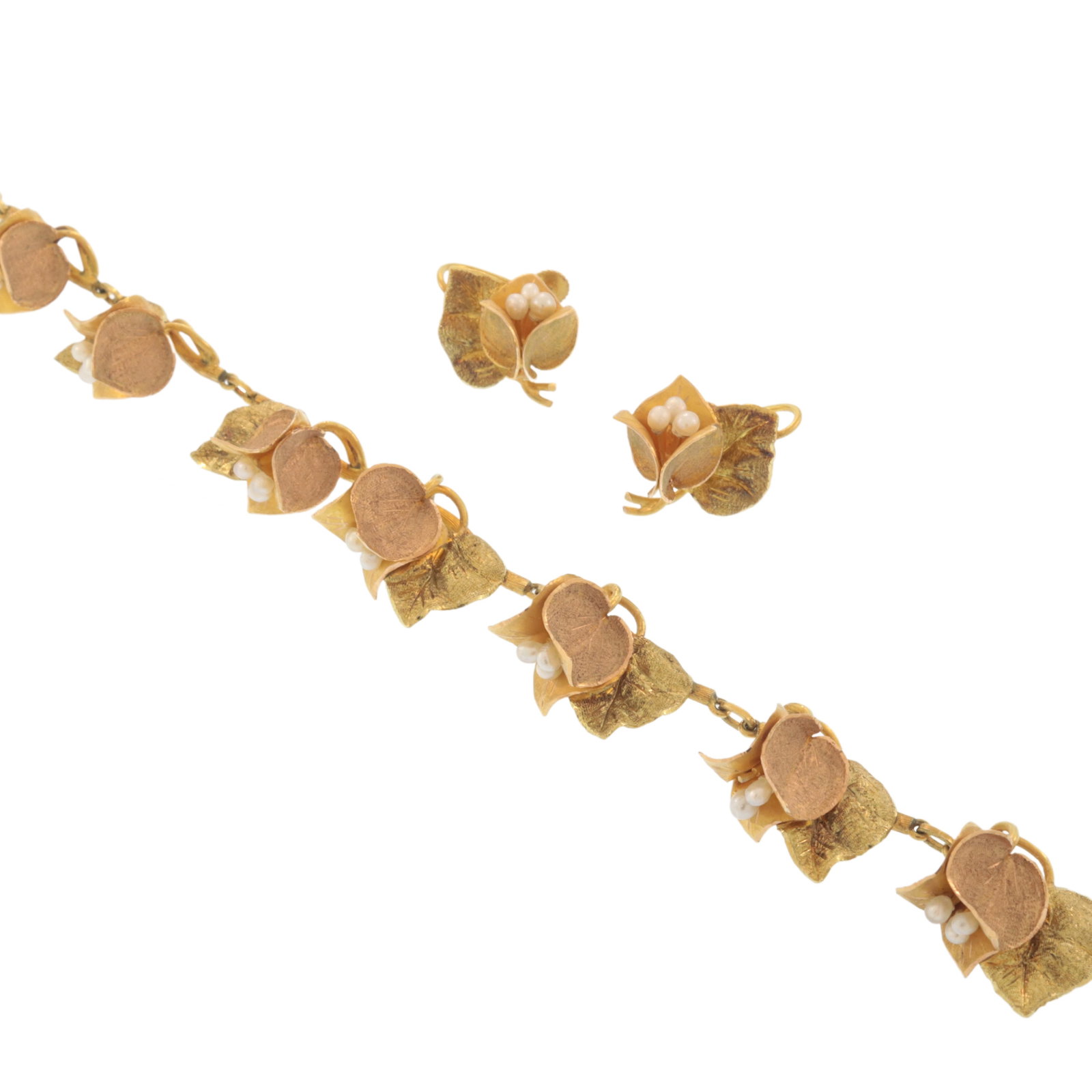 18K Lily of the Valley Bracelet and Earclips: Antique 18 karat yellow, rose, and green gold bracelet and matching earclips in the form of delicate Lilly of the Valley flowers. Seven branch form links each with green gold leaf and rose gold textur
