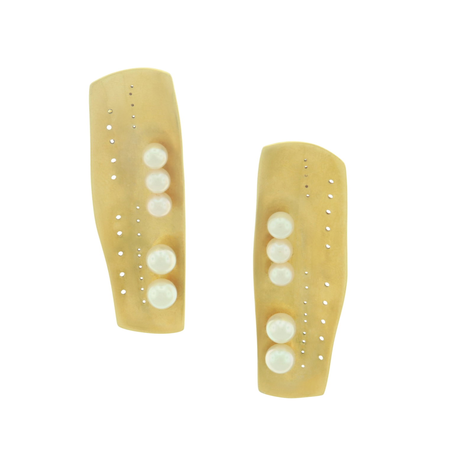 Betsy Fuller 18K Gold and Pearl Earclips: A pair of vintage Betsy Fuller 18 karat yellow gold pierced and curved bar form clip-on earrings, accented by 10 cultured pearls. Stamped 18K Betsy Fuller on back, with signature. Gross weight of 14 g