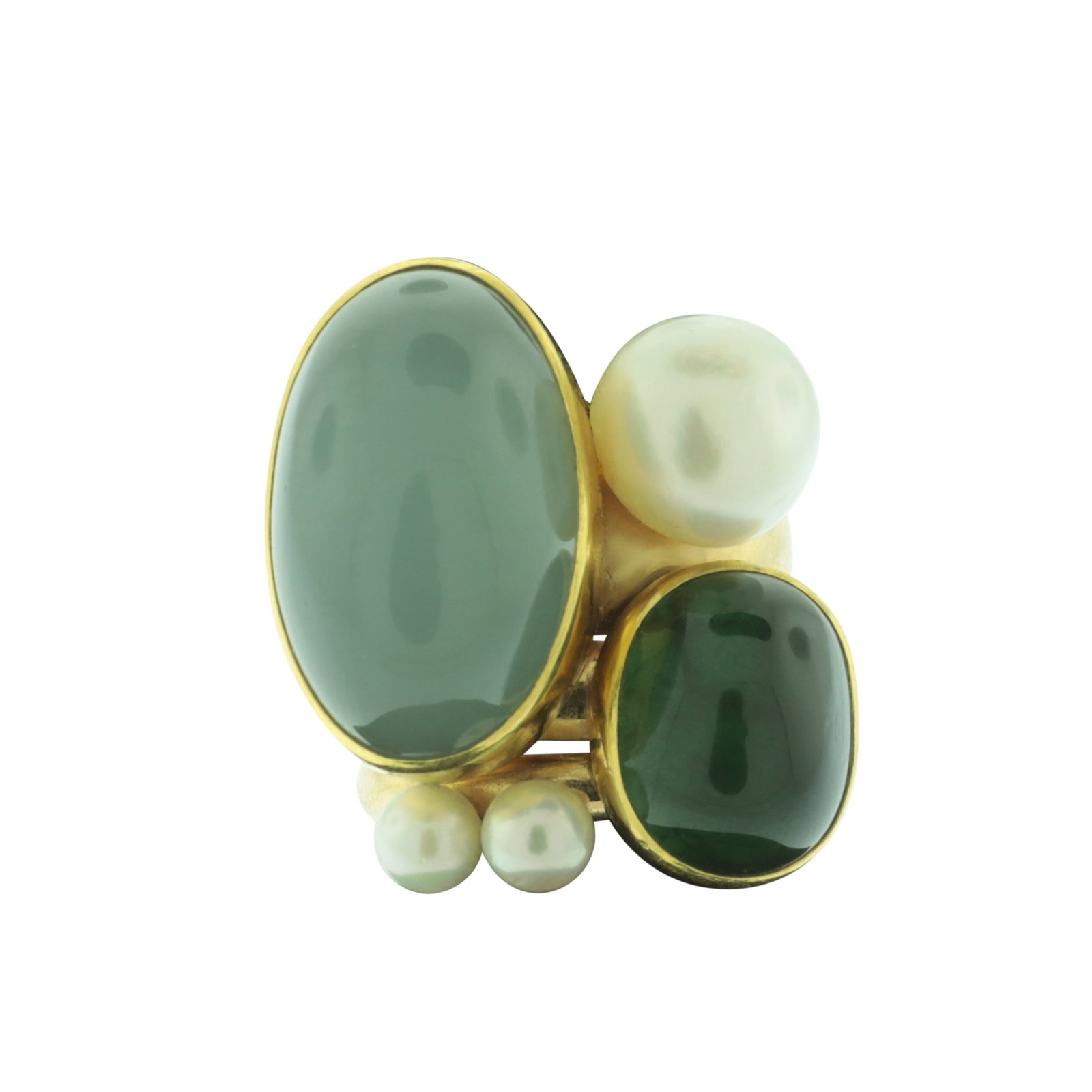 Betsy Fuller 14K Stacking Rings: Vintage Betsy Fuller 14 karat yellow gold stacking rings. Containing cultured pearls, oval moonstone, and synthetic emerald. Each signed Betsy Fuller, dated 1987, and numbered one through three