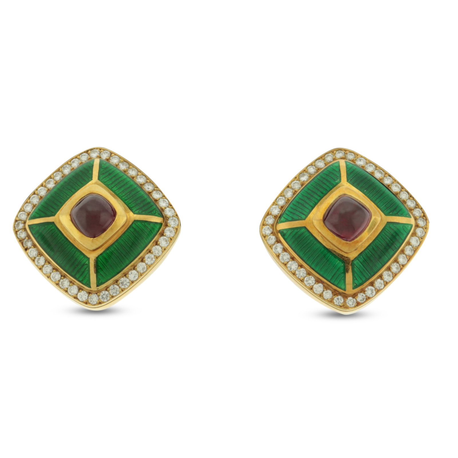 Tiffany & Co 18k Ruby and Diamond Earrings: A pair of vintage Tiffany & Co 18 karat yellow gold earrings with central ruby cabochon, green guilloche enamel, and 40 round diamonds each, circa 1986. Stamped Tiffany & Co on clips, stamped with