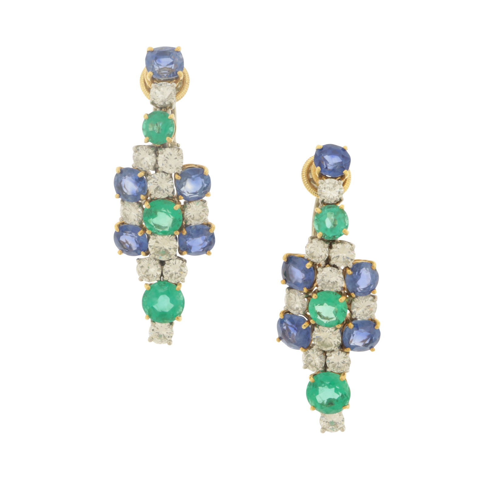 Diamond, Sapphire & Emerald Chandelier Earrings: A pair of vintage diamond, sapphire, and emerald chandelier clip-on earrings, mounted in 18 karat yellow and white gold. Containing a total of 20 round diamonds weighing approximately 6.0 tcw, 10 sapp
