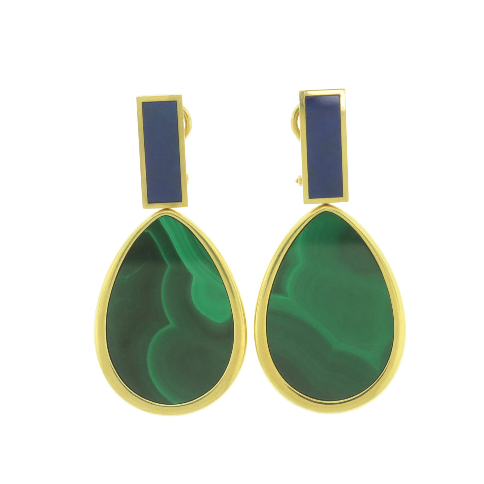 Pair of Piaget 18K Lapis and Malachite Earrings: A pair of vintage Piaget 18 karat yellow gold tear drop form clip-on earrings set with lapis and malachite, circa 1970s. Signed Piaget 750. Gross weight of 30.0 grams. 2 1/8" long x 1" wide Property