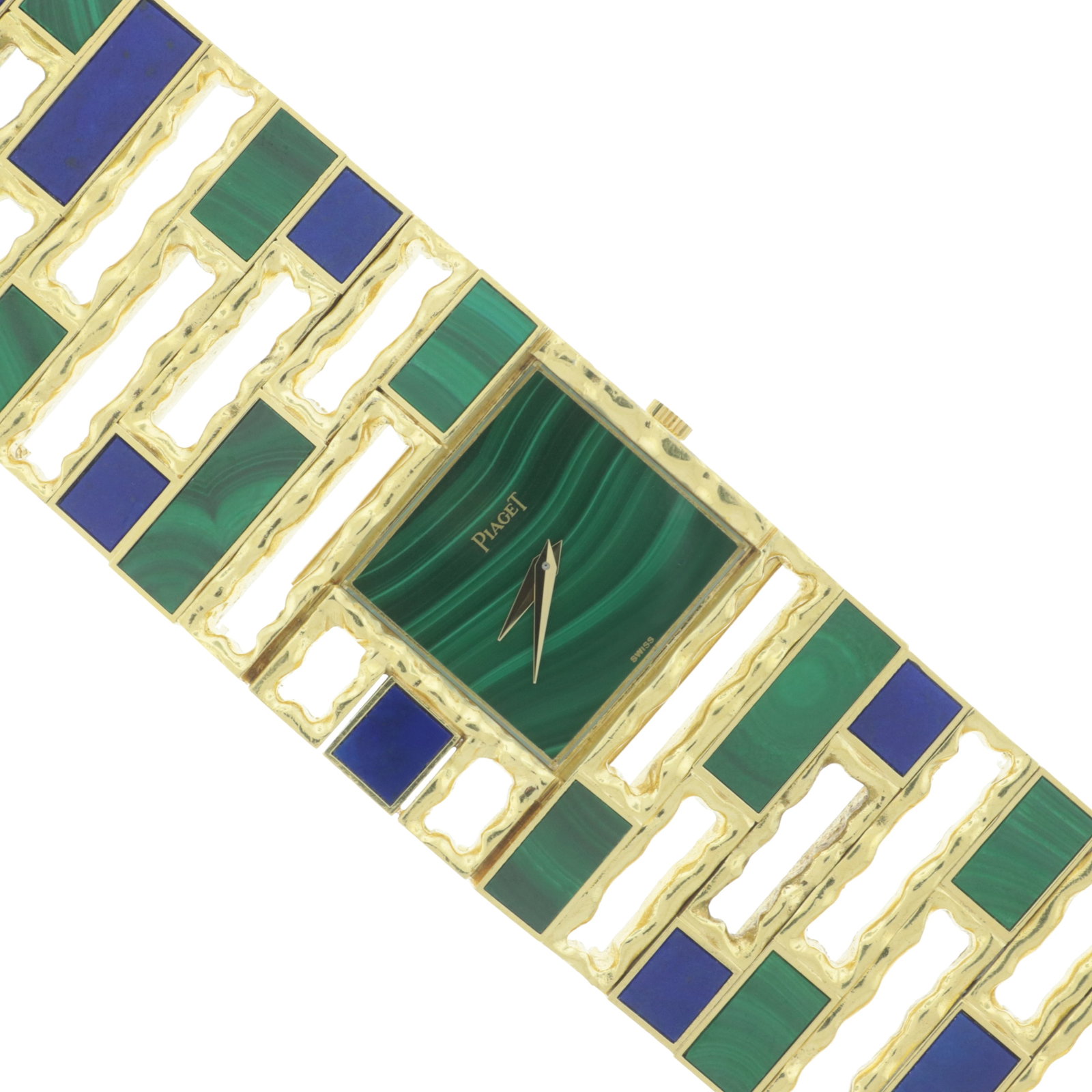 Piaget 18K Lapis and Malachite Watch: A rare Piaget lady's textured 18 karat yellow gold brutalist style bracelet watch set with lapis lazuli and malachite, with concealed clasp. Reference number 908D48, case number 188918. Clasp stamped 