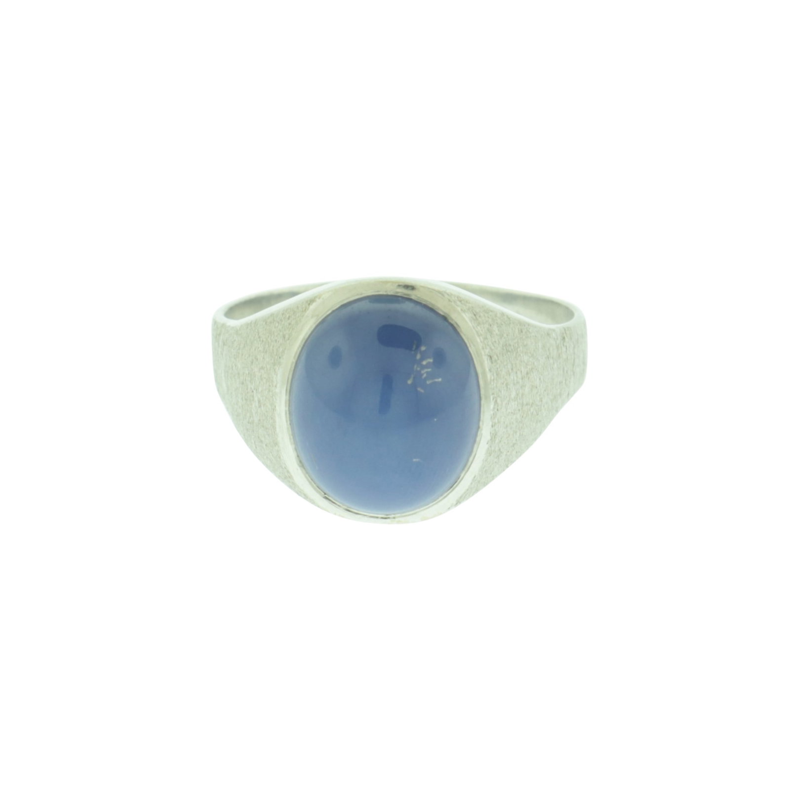 Synthetic Star Sapphire and 14K Gold Ring: Synthetic blue star sapphire measuring 12.85 mm x 10.85 mm, set in 14 karat white textured gold. Stamped 14K and JKA. Gross weight of 9.9 grams. Size 12 Property from a Connecticut collection.