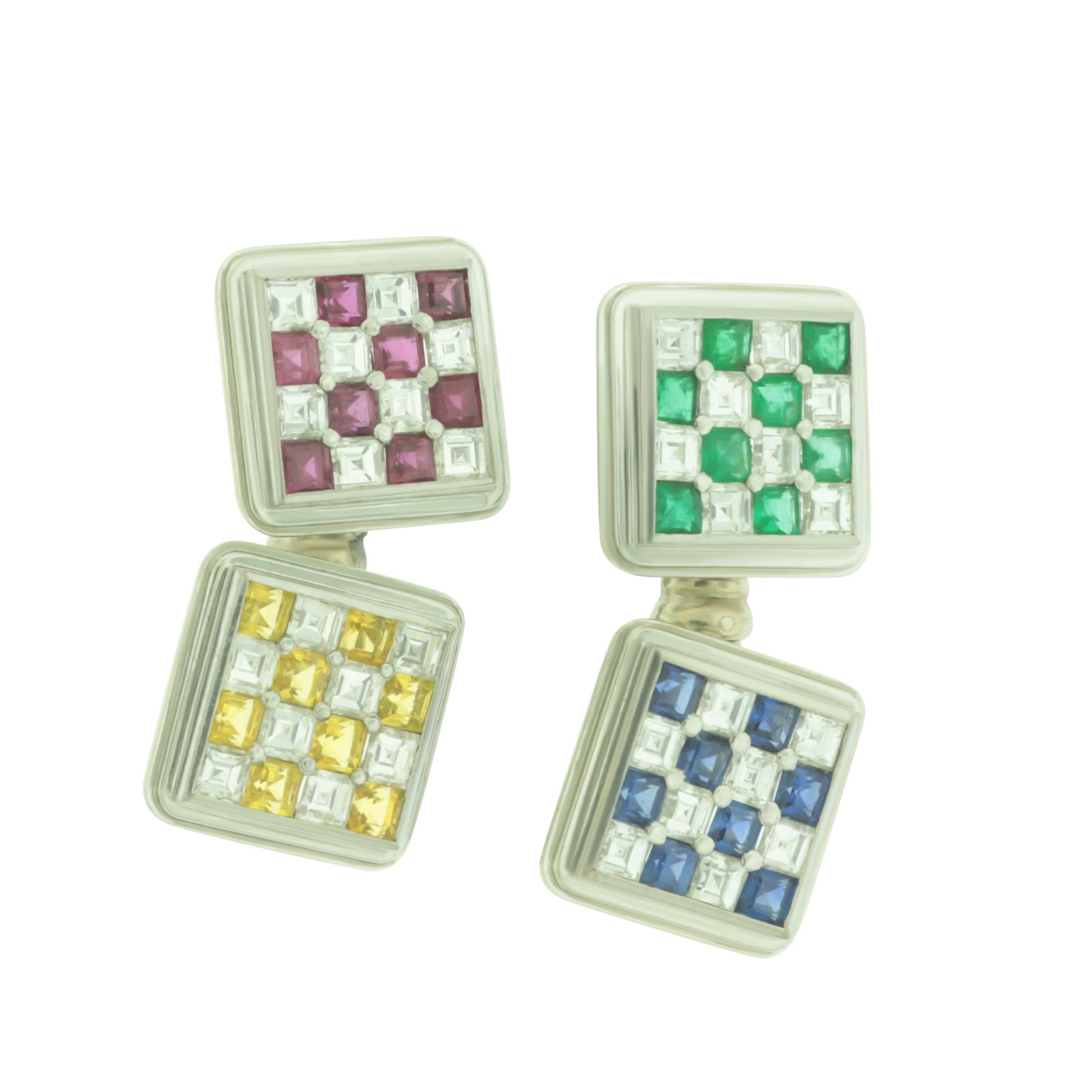 18K Gold, Diamond, and Precious Gem Cufflinks: A pair of vintage checkerboard pattern diamond, sapphire, emerald, ruby, and citrine cufflinks set in 18 karat white gold. Stamped 750 with maker's mark. Gross weight of 18.0 grams. Cufflink head