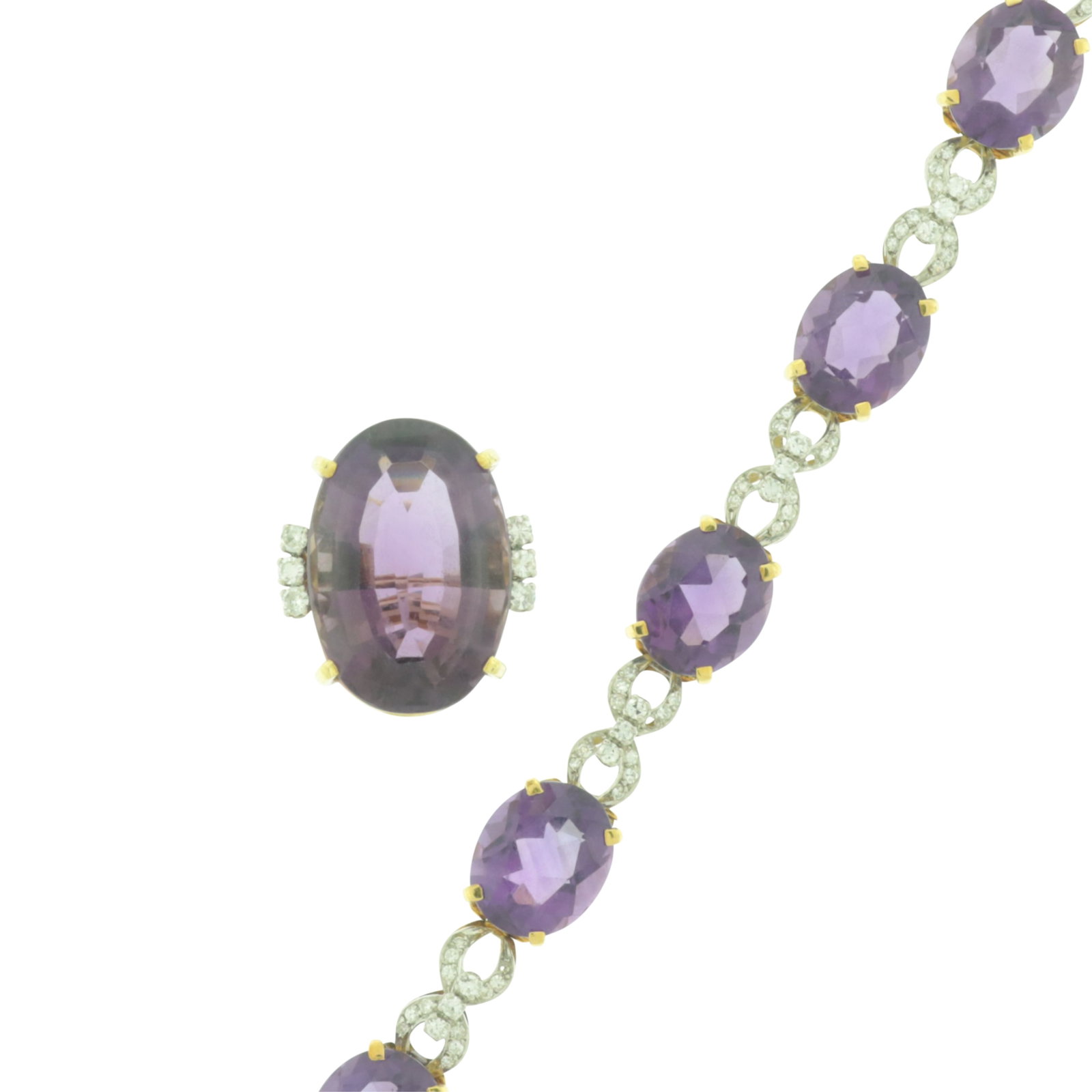 Retro Amethyst and Diamond Bracelet & Ring: 18 karat yellow gold and platinum bracelet containing seven ~4 ct oval cut amethyst, segmented by 96 pave and prong set round brilliant cut diamonds. Together with an oval cut amethyst cocktail ring