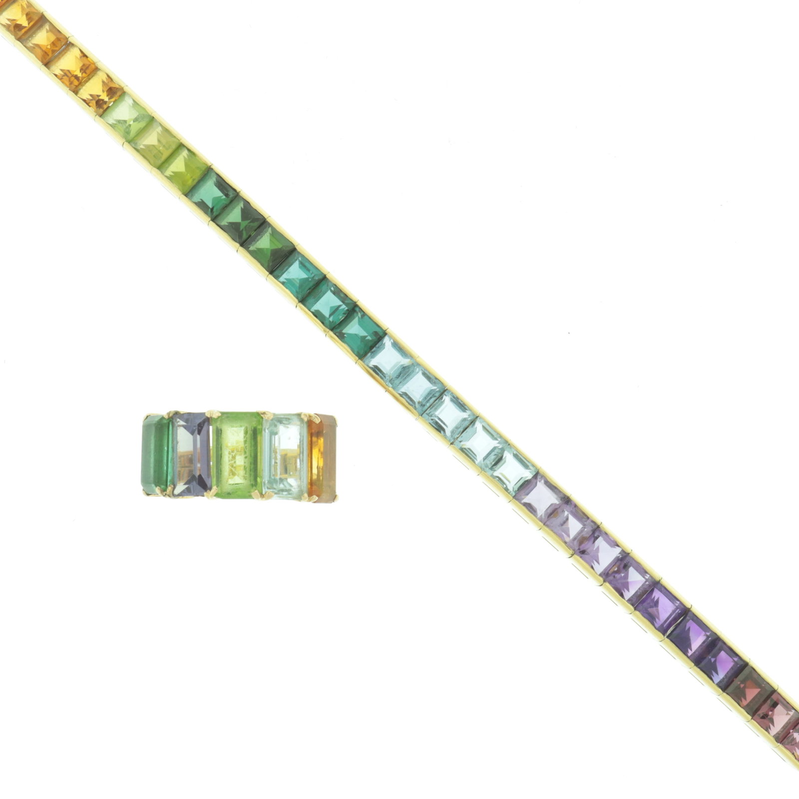 Vintage 18K Gold Gem-Set Bracelet & Ring: A vintage 18 karat yellow gold ombre rainbow semi-precious gemstone tennis bracelet comprising 35 channel set square step-cut stones. Together with a split-shank 18 karat yellow gold ring comprising f