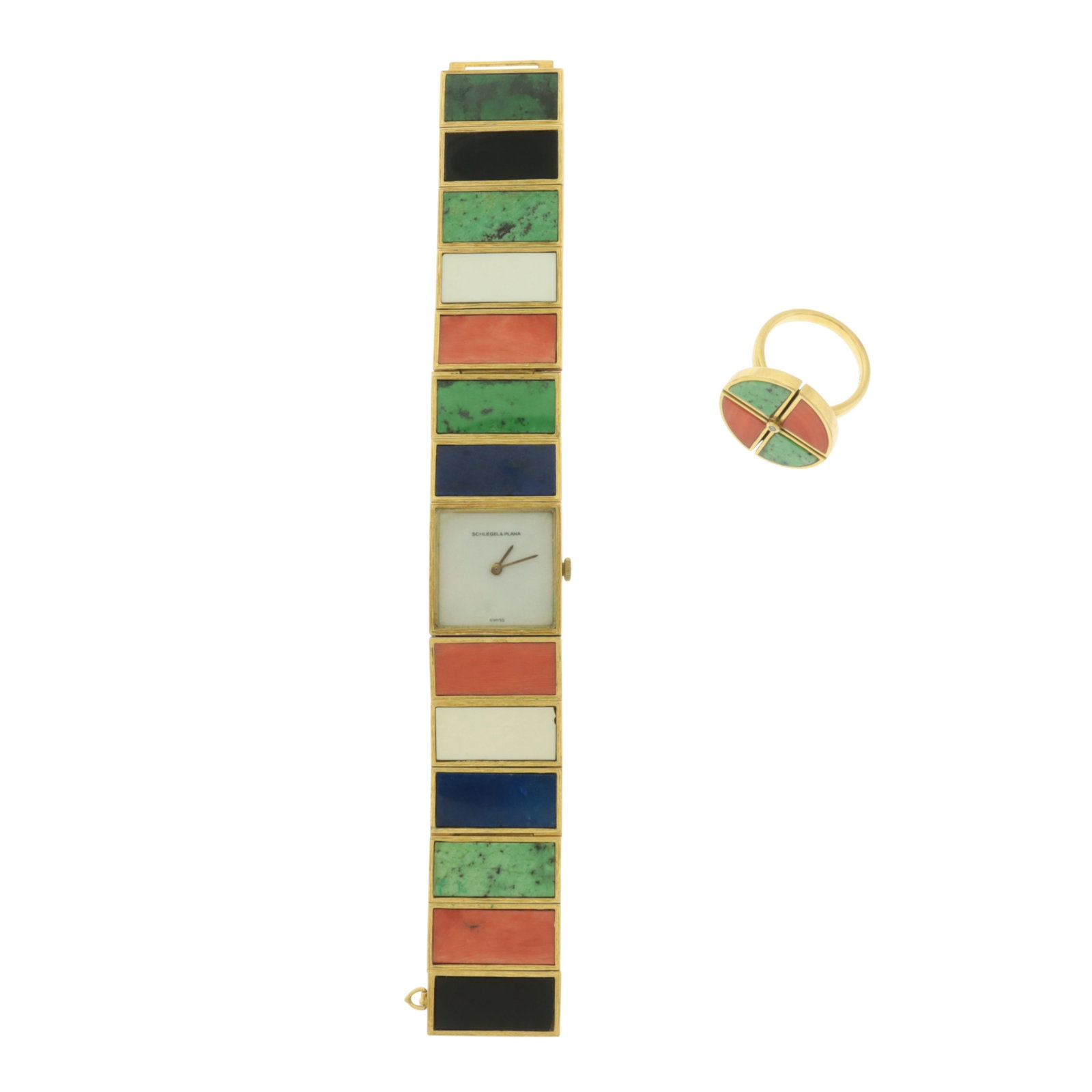 Schlegel & Plana 18K Gold Watch and Ring: Schlegel & Plana 18 karat yellow gold bracelet watch set with coral, chalcedony, onyx, and lapis, with white porcelain dial, circa 1970. Dial signed Schlegel & Plana, bracelet signed Julia-Plana. Toge