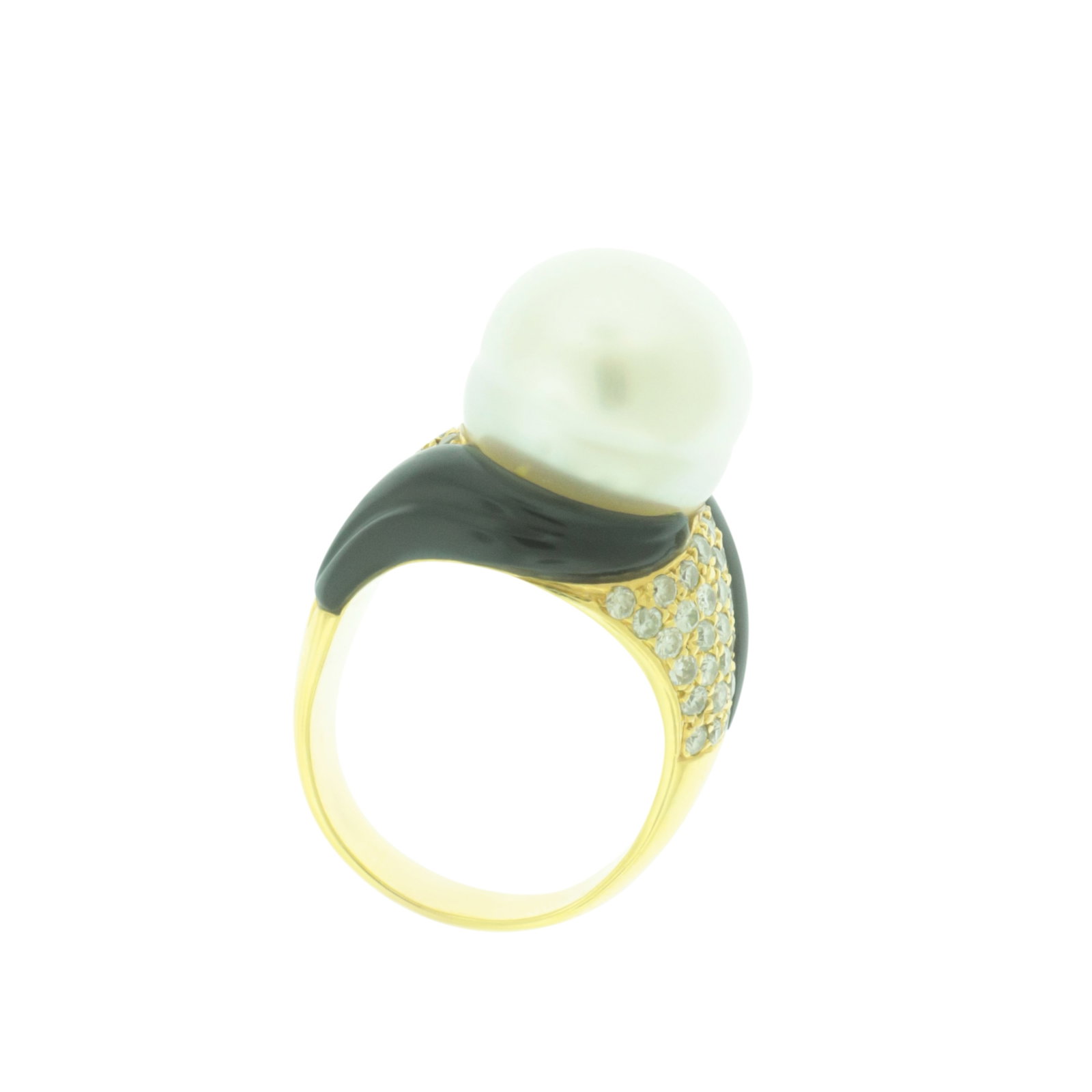 Retro Diamond and Pearl Ring: A retro style 18 karat yellow gold ring topped with large 13mm cultured pearl, 49 pave set melee diamonds, and black accent. Shank stamped 750 18k, illegible maker's mark. Gross weight of 11.7 grams. 